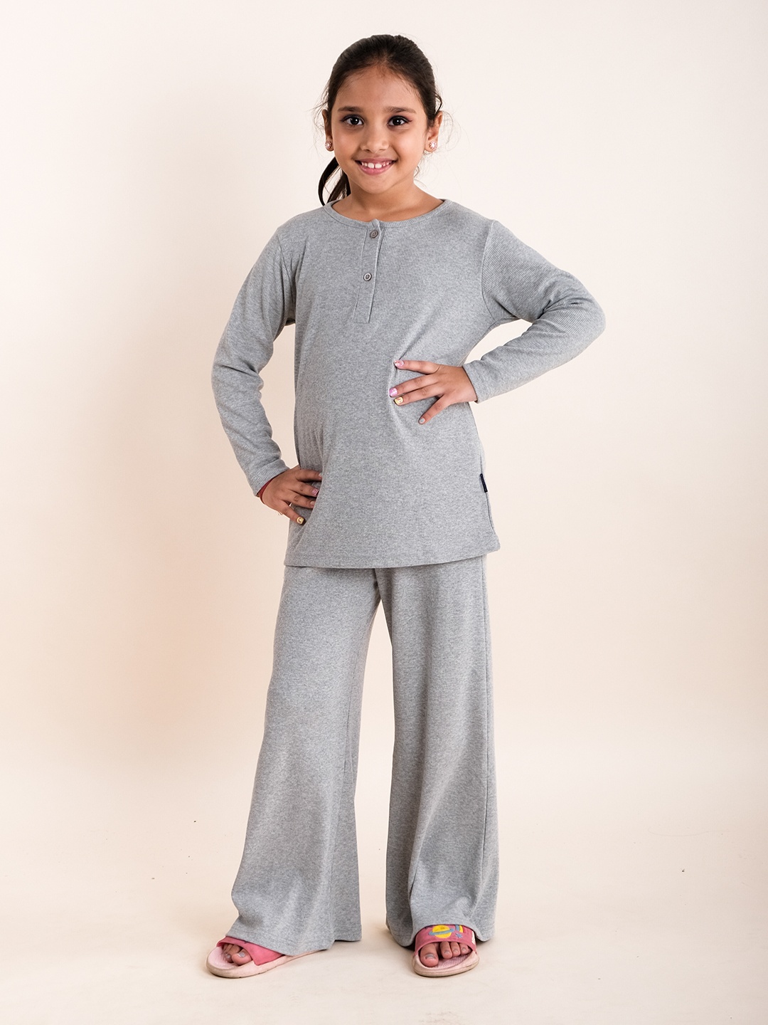 

KiddoPanti Girls Pure Cotton T-Shirt And Pyjamas, Grey melange