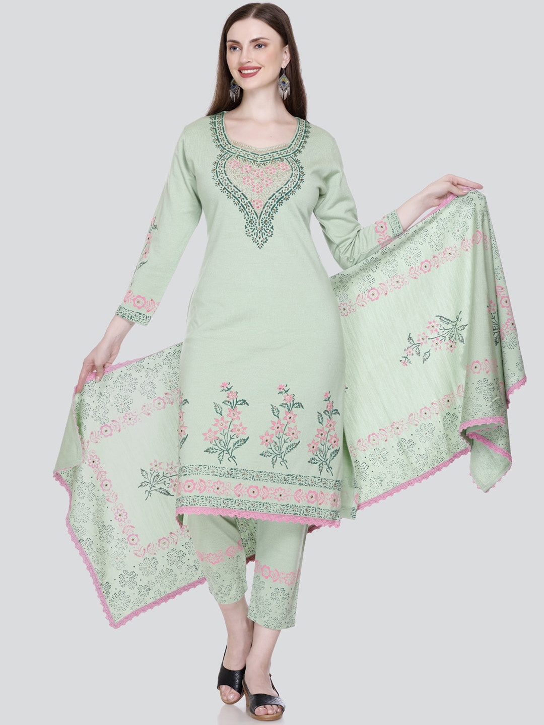 Elthia Floral Printed Regular Thread Work Kurta with Trousers & With Dupatta, Green