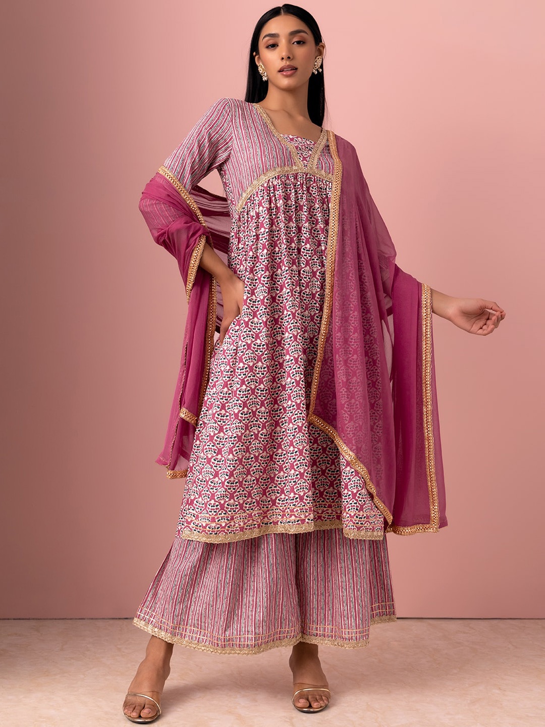 

INDYA Ethnic Motifs Printed Pure Cotton A-Line Kurta With Palazzo & Dupatta, Pink