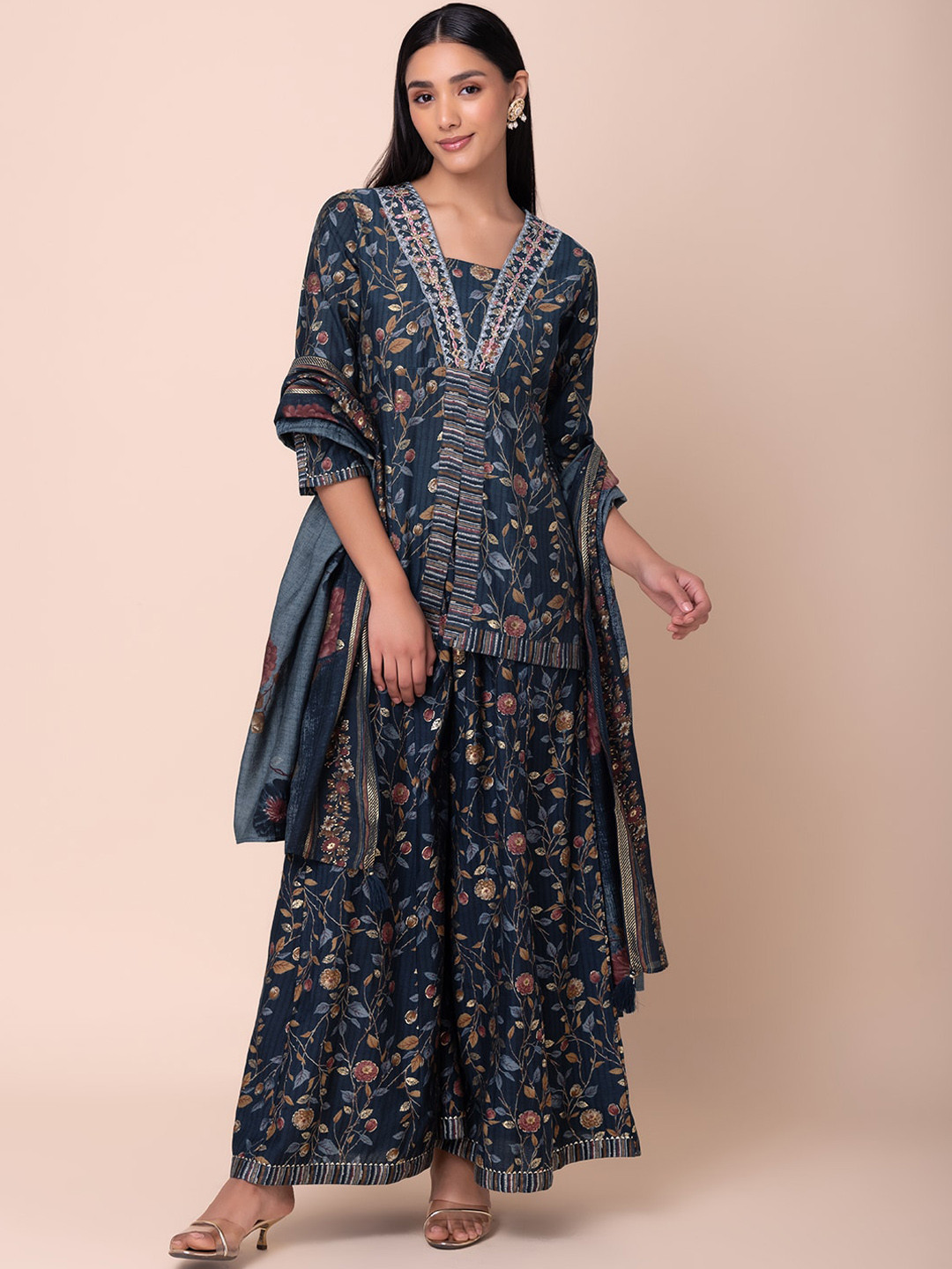

INDYA Floral Printed A-Line Kurti With Palazzo & Dupatta, Blue