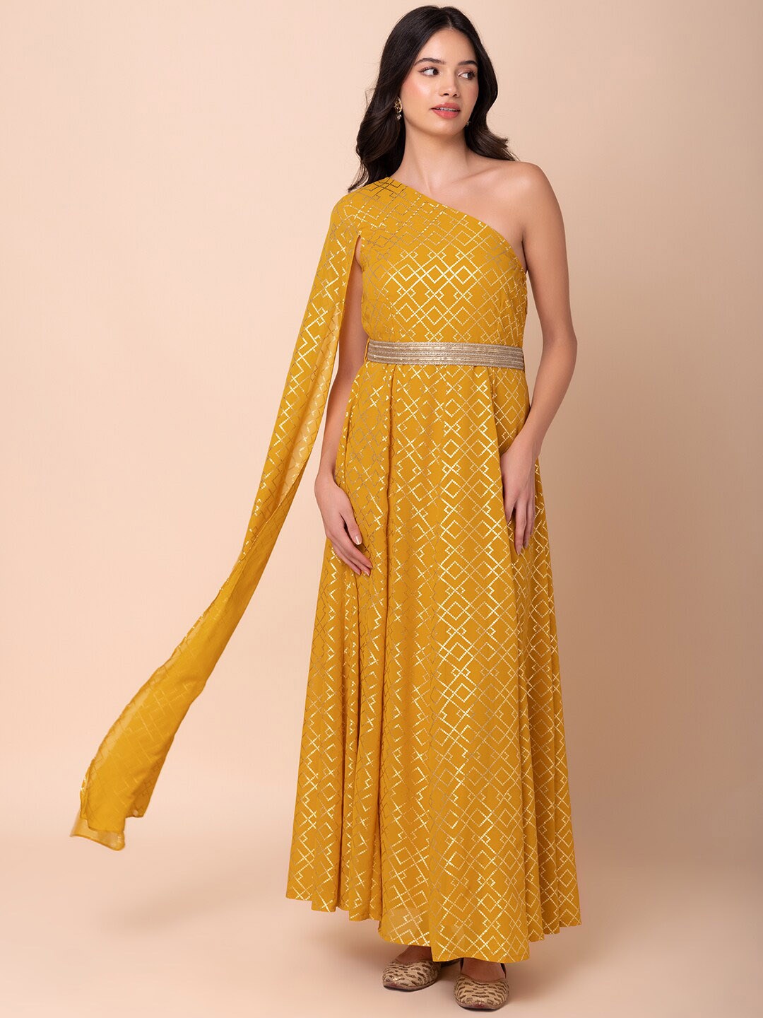 

INDYA Geometric Foil Printed One Shoulder Maxi Ethnic Dress With Dori Belt, Yellow