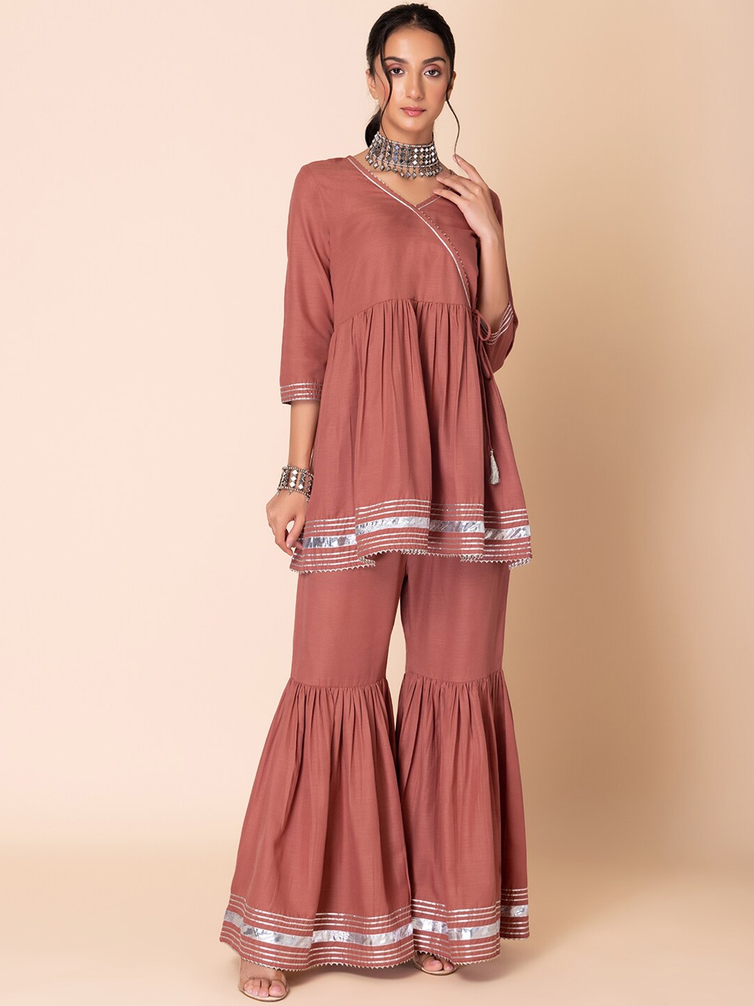 

INDYA V-Neck Gotta Patti Angrakha Kurti With Sharara, Pink