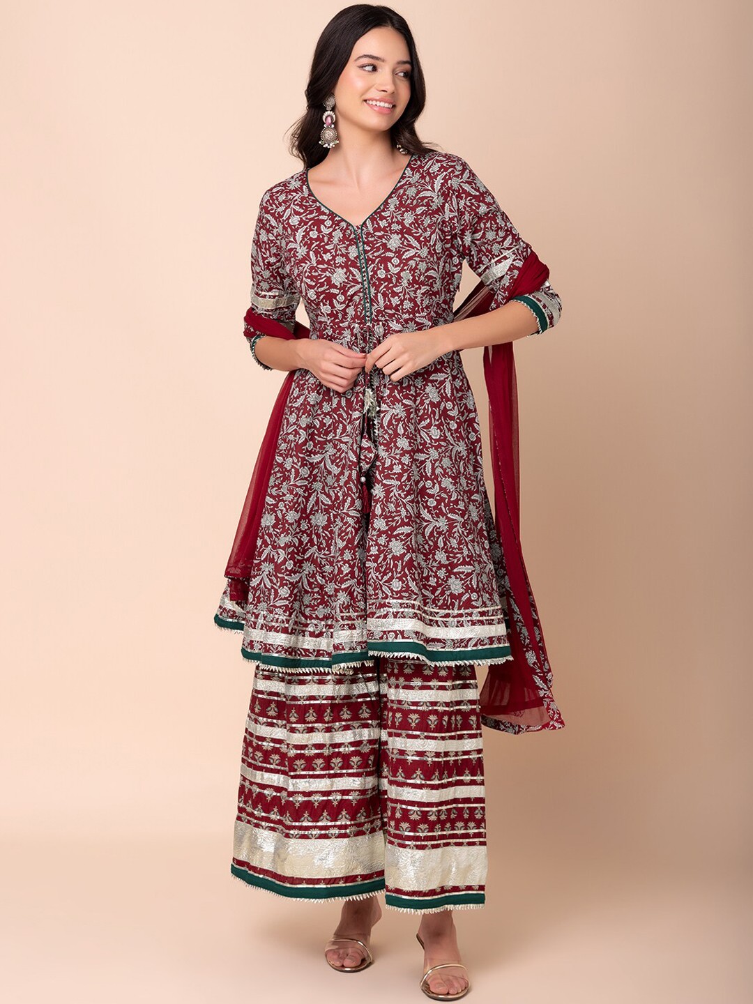 

INDYA Floral Printed Pure Cotton A-Line Kurta With Palazzo & Dupatta, Red