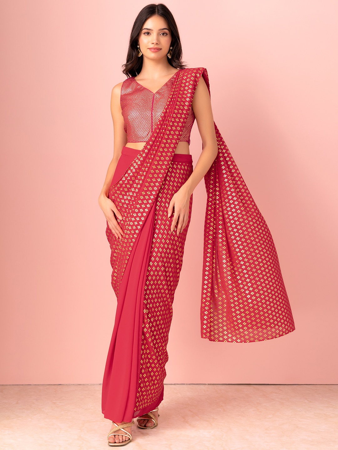 

INDYA Foil-Printed Ready To Wear Sarees, Pink