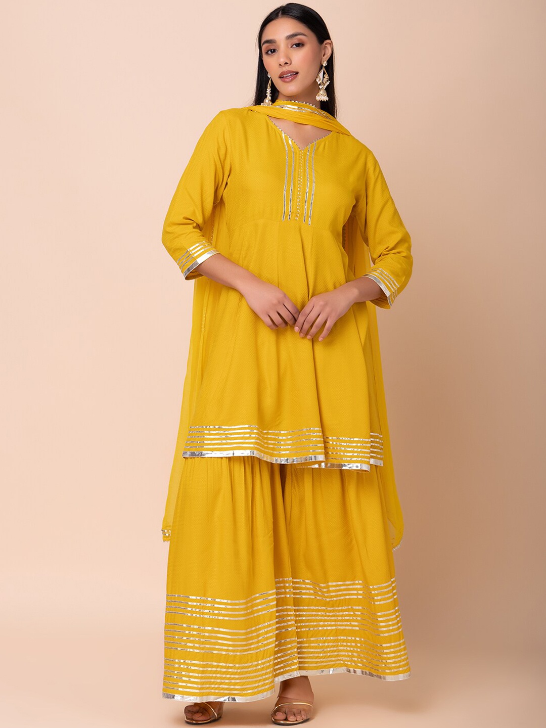 

INDYA Embellished V-Neck Gotta Patti Kurta With Sharara & Dupatta, Yellow