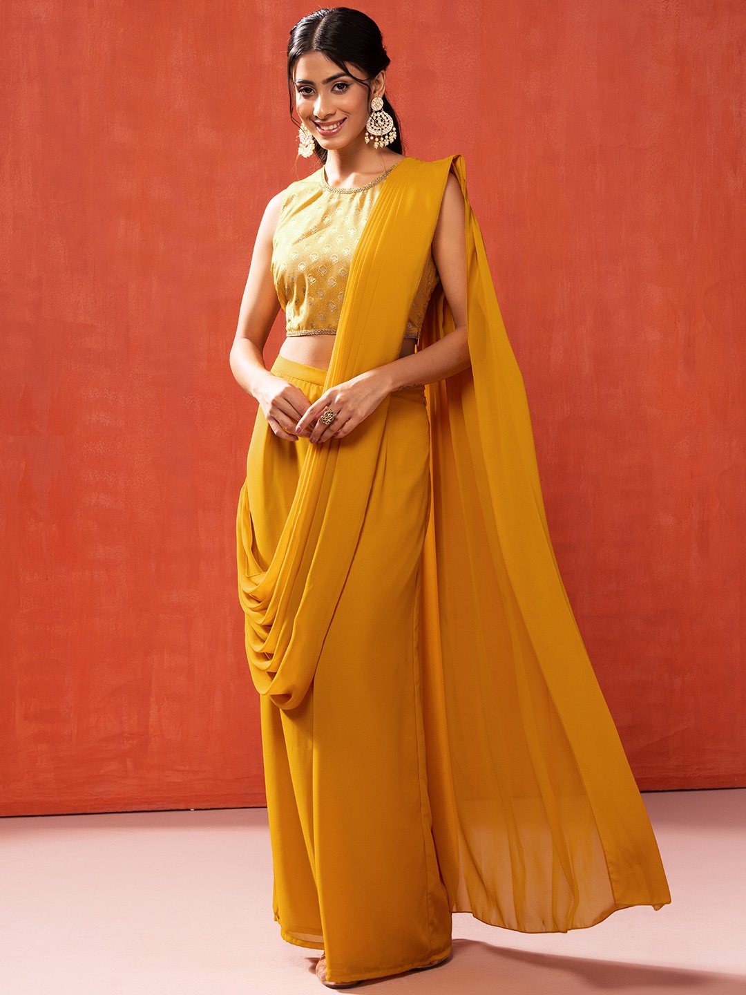 

INDYA Draped Palazzo & Foil Printed Blouse, Yellow