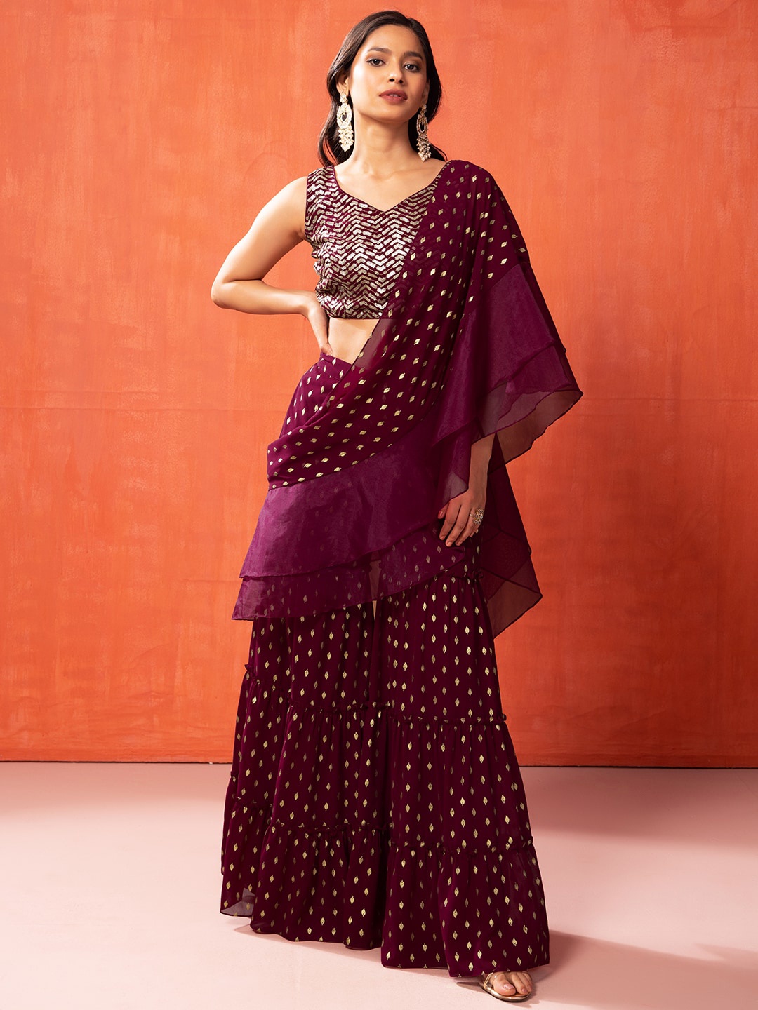 

INDYA Women Purple Printed Top with Sharara & Attached Ruffled Dupatta