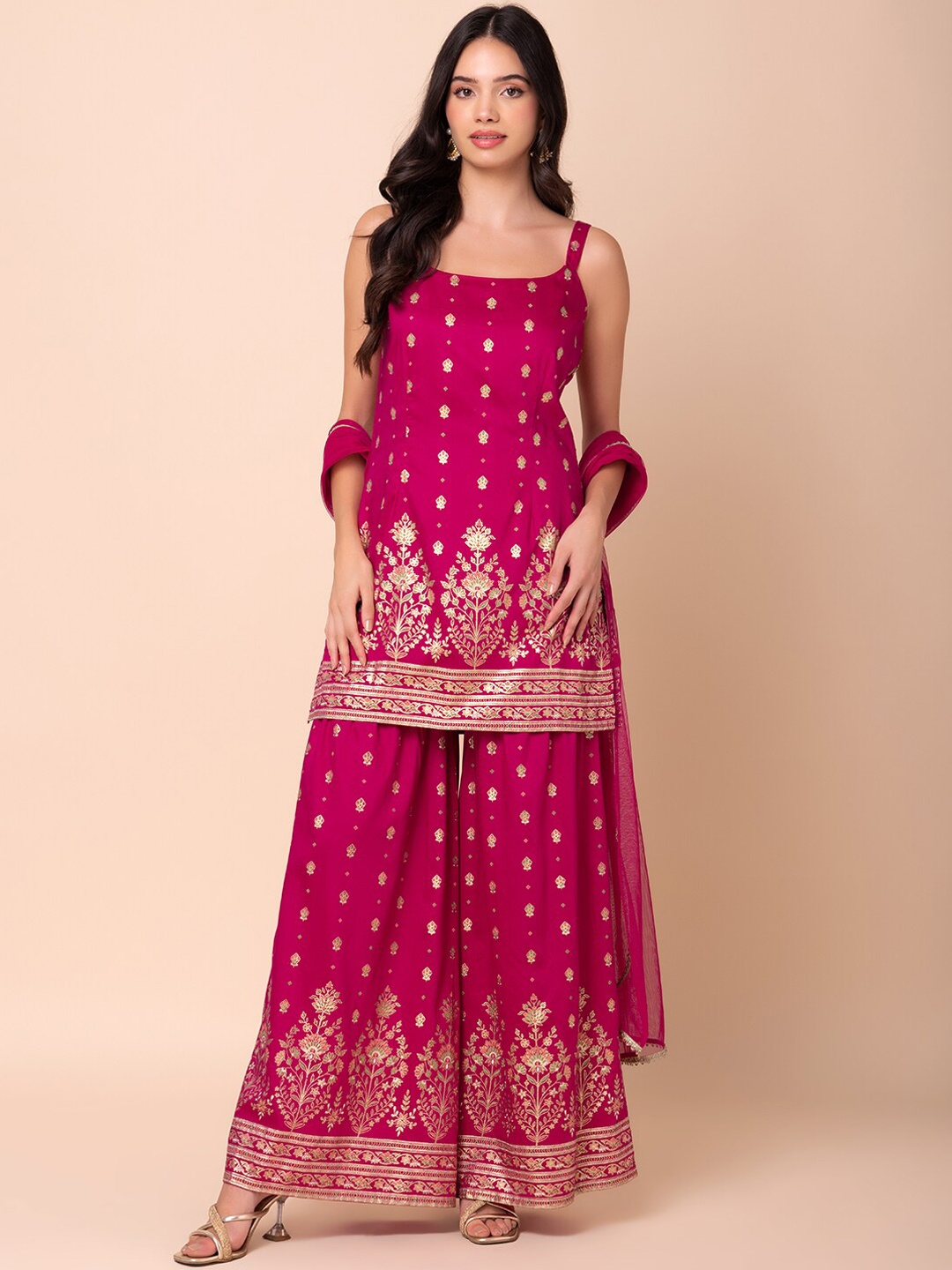 

INDYA Foil-Printed Straight Kurta With Sharara & Dupatta, Pink