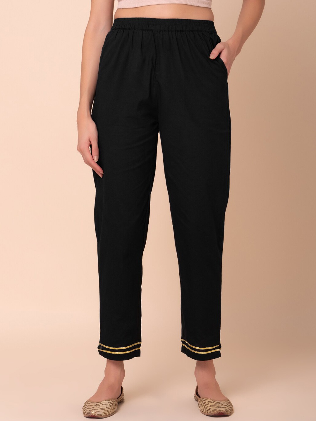 

INDYA Women Mid-Rise Flat-Front Plain Cotton Straight Trousers, Black