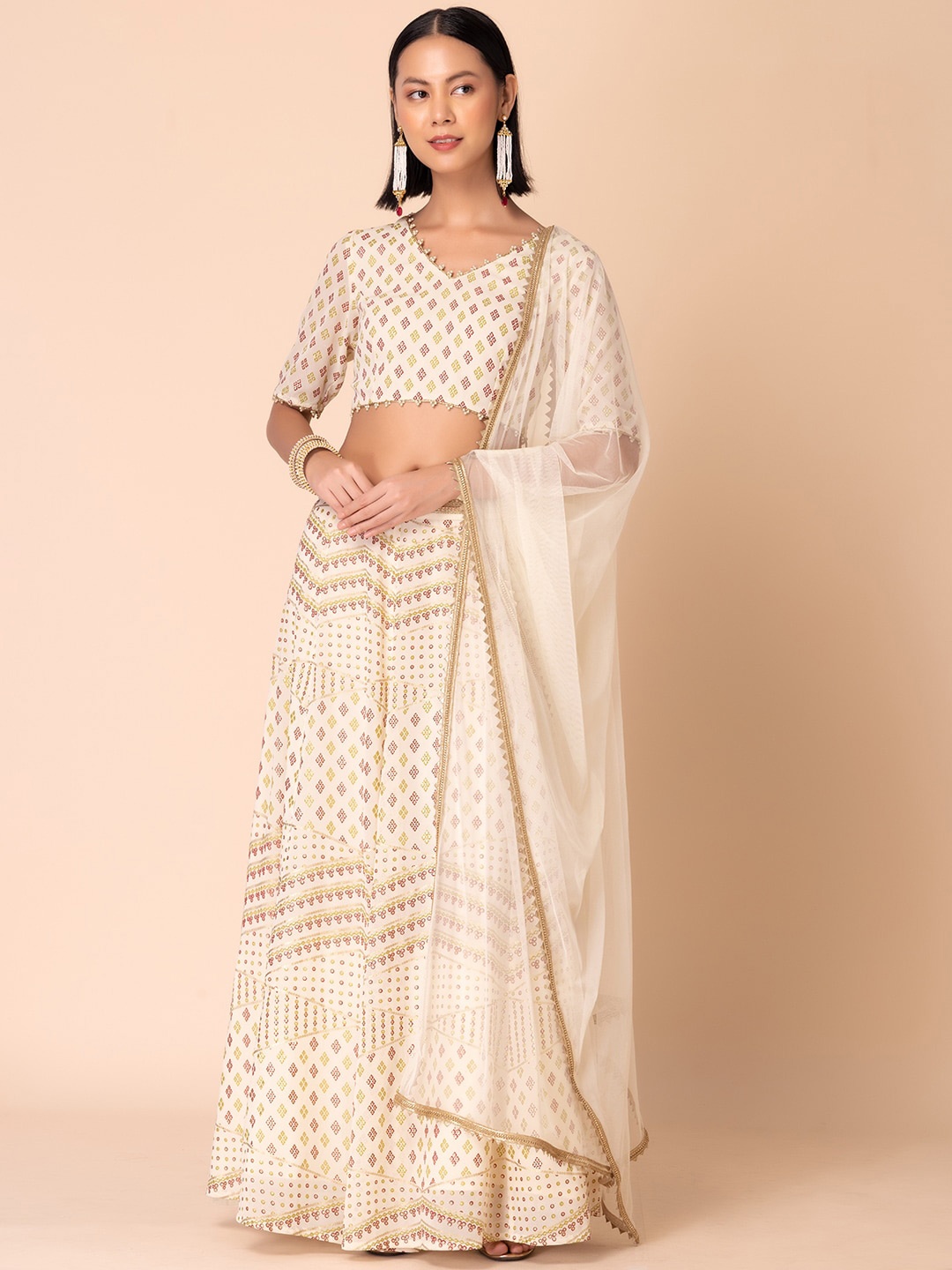 

INDYA Gotta Patti Detail Embellished Border Dupatta, White