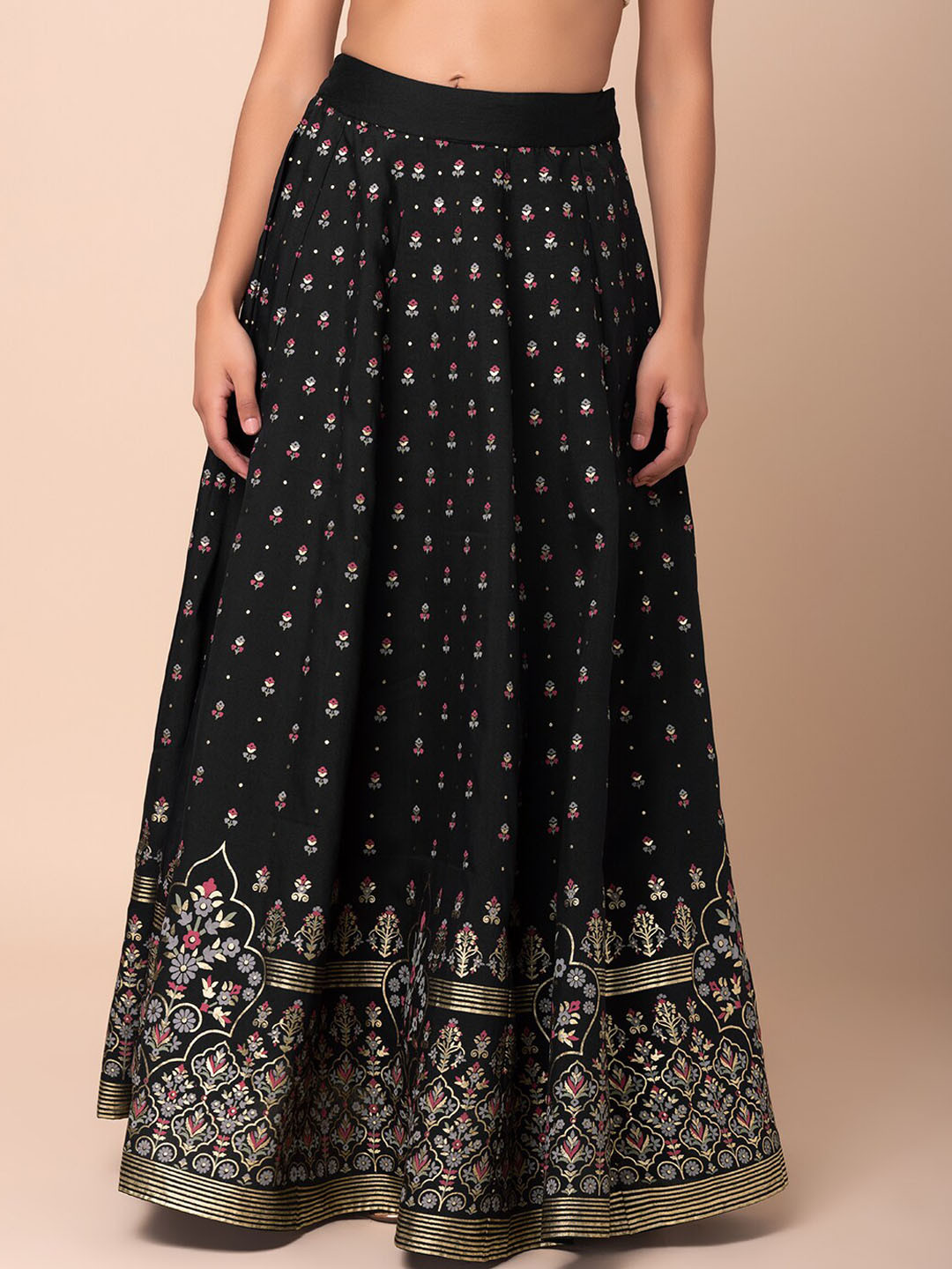 

INDYA Floral Foil Printed Flared Skirt, Black