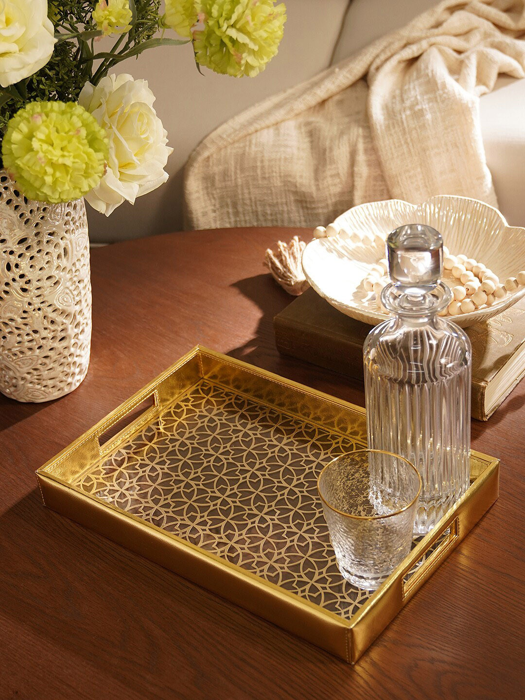 

Pure Home and Living Gold Toned & Beige Lazer Cut Glass Rectangle Faux Leather Tray