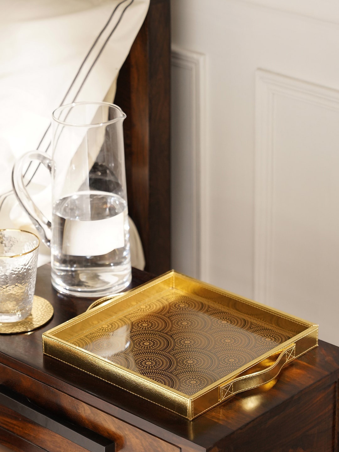 

Pure Home and Living Gold Toned & Beige Printed Glass Square Faux Leather Tray