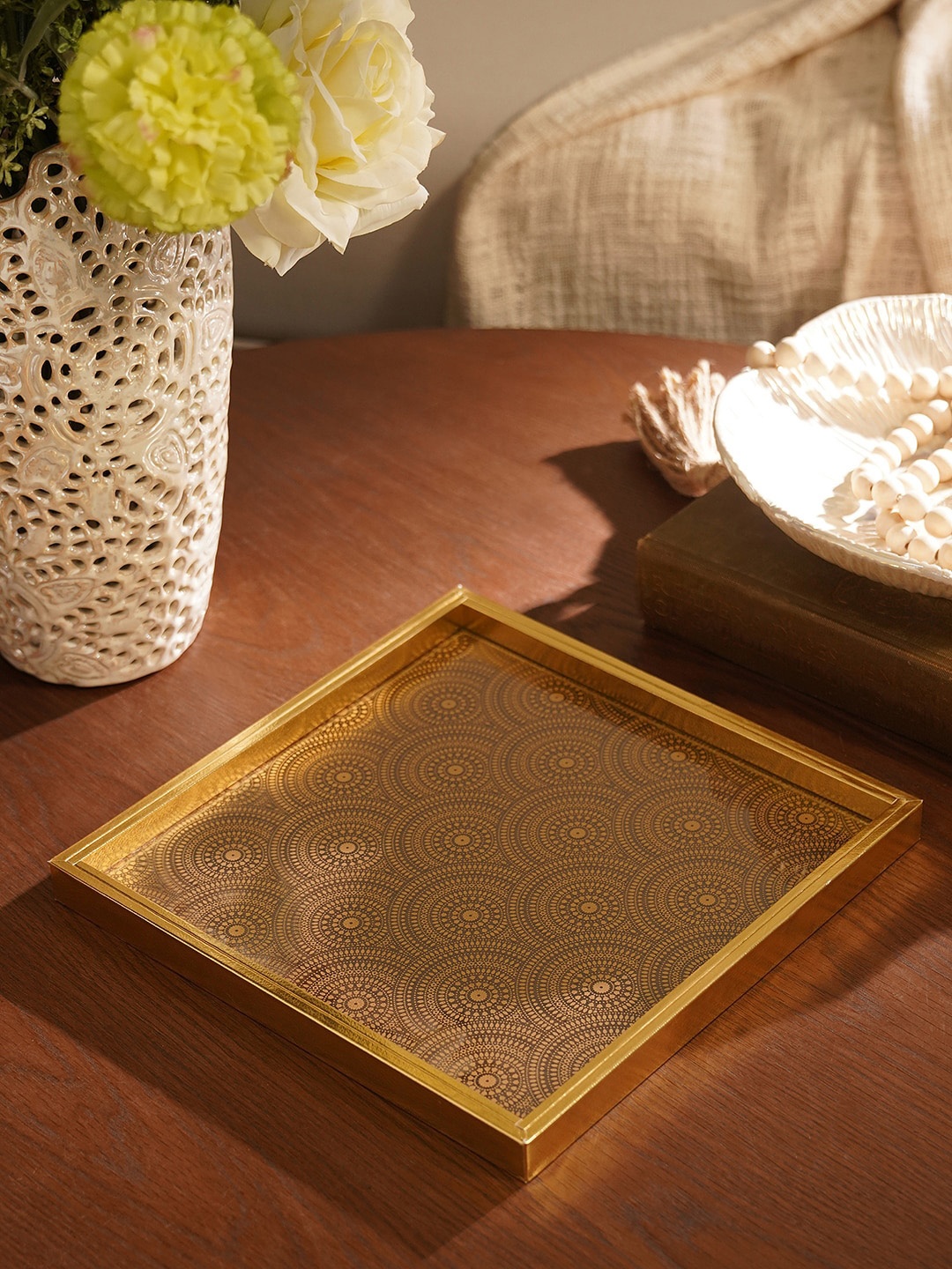 

Pure Home and Living Gold Toned & Beige Printed Glass Square Faux Leather Tray