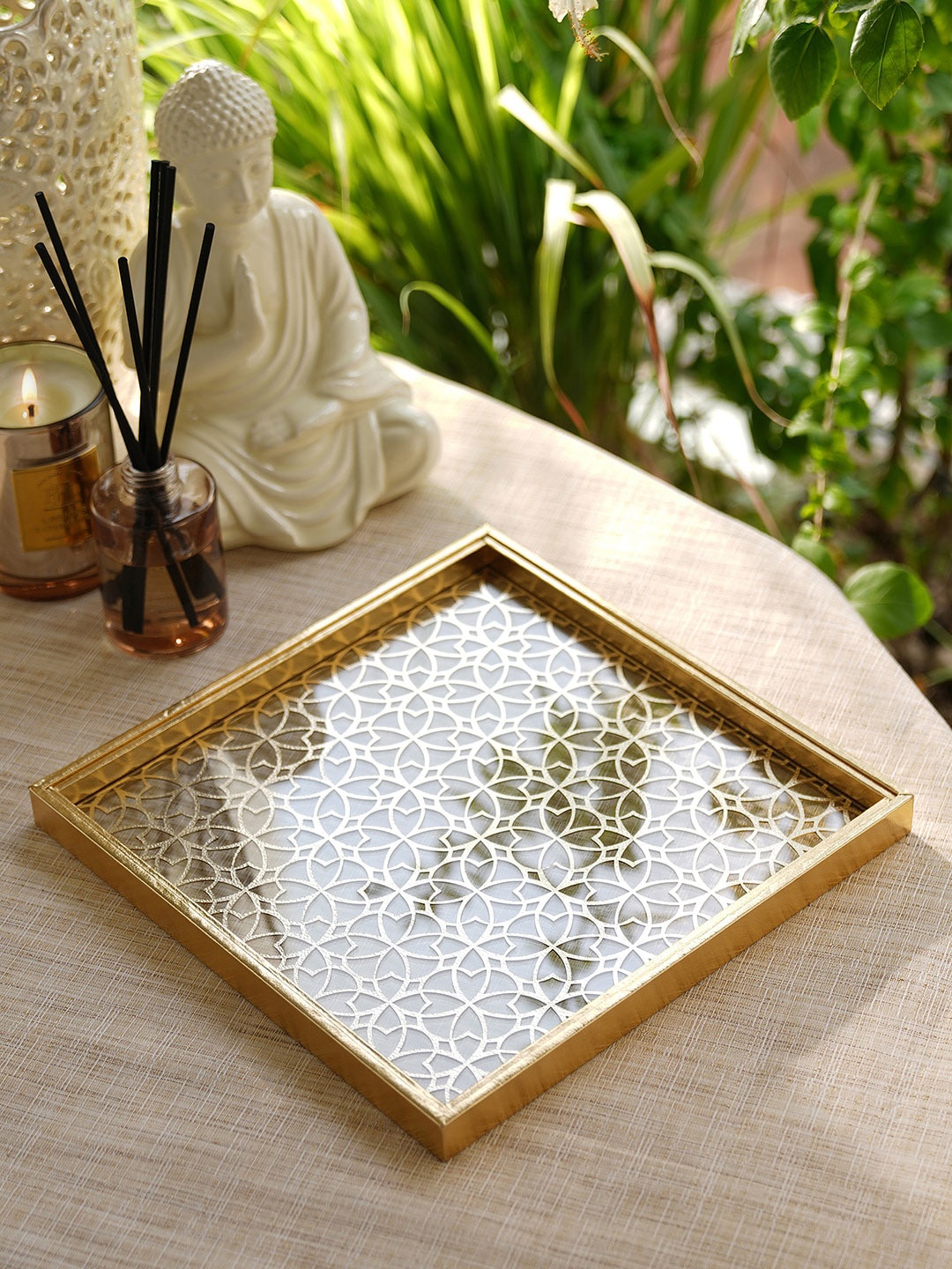 

Pure Home and Living Gold Toned & Beige Lazer Cut Square Faux Leather Platter Tray