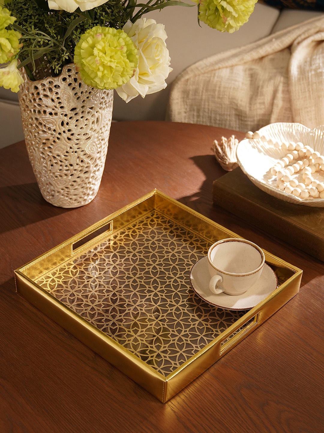 

Pure Home and Living Gold Toned Lazer Cut Square Faux Leather Tray