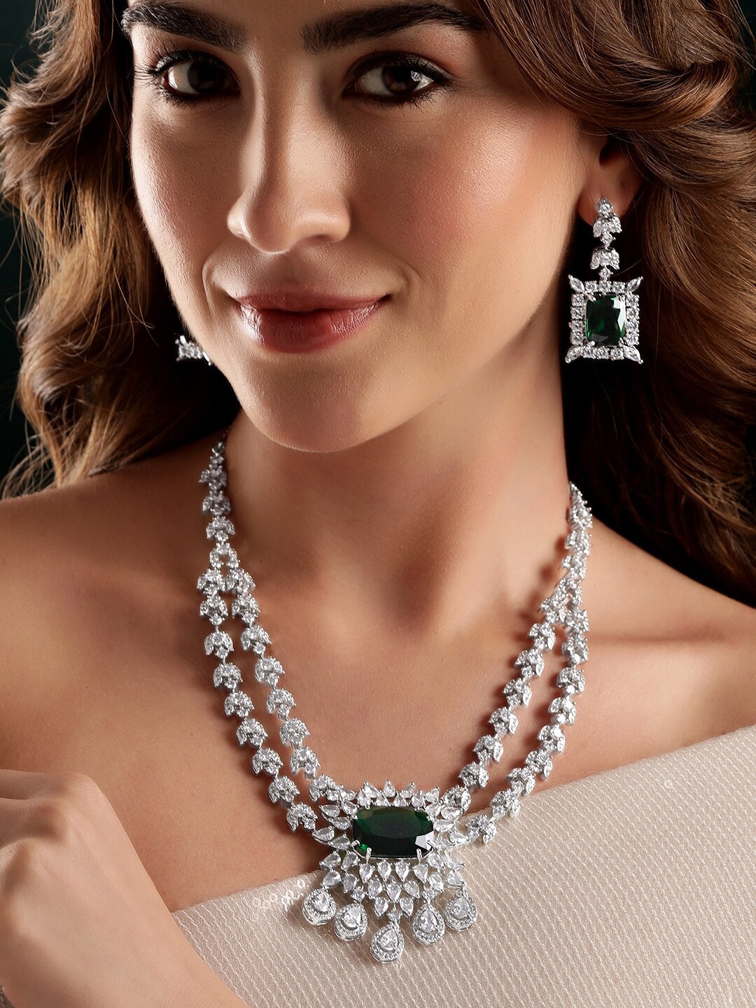 

Rubans Rhodium-Plated CZ Studded Layered Jewellery Set, Silver