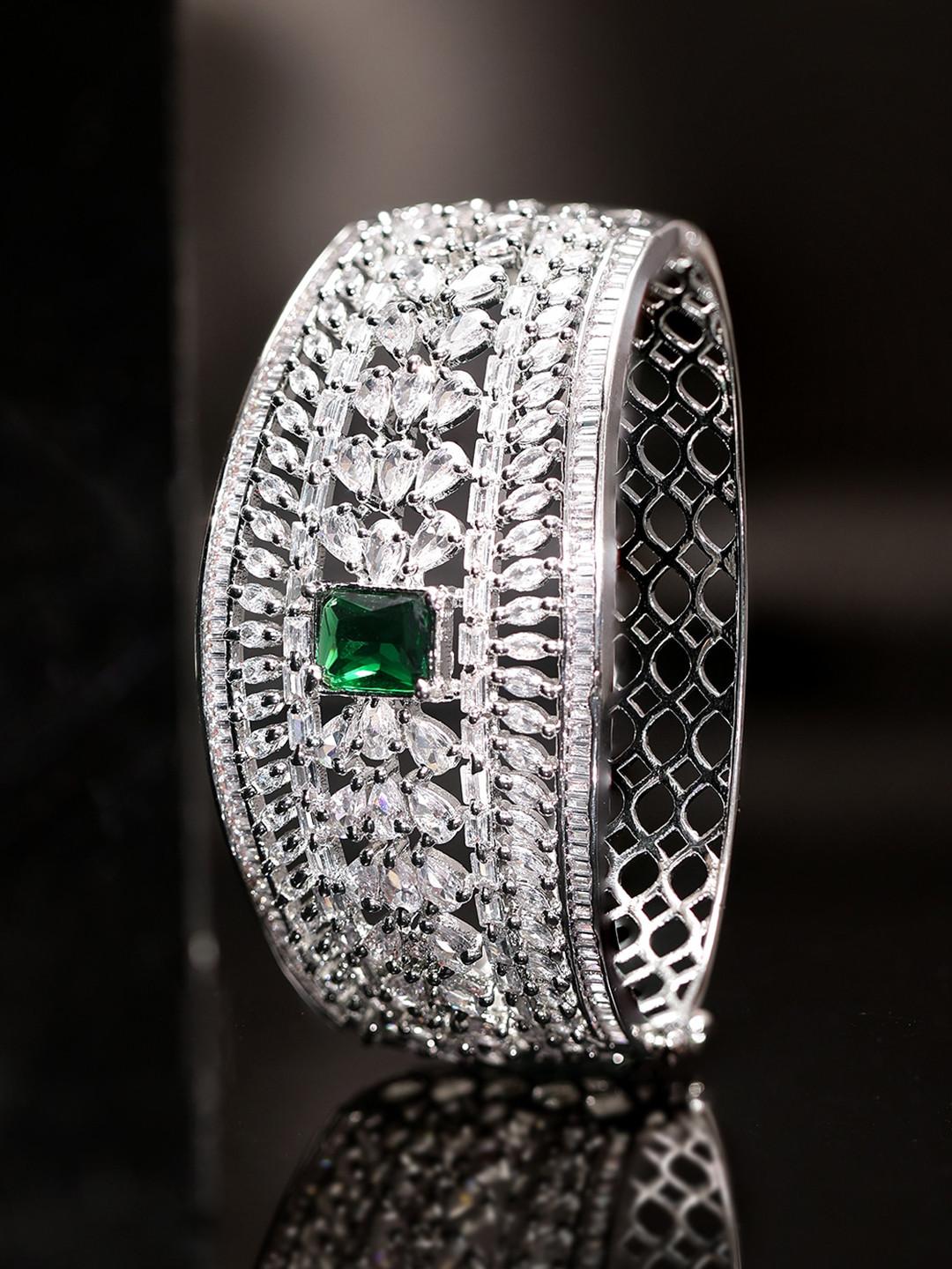 

Rubans Rhodium-Plated Cubic Zirconia-Studded Bangle-Style Bracelet, Silver