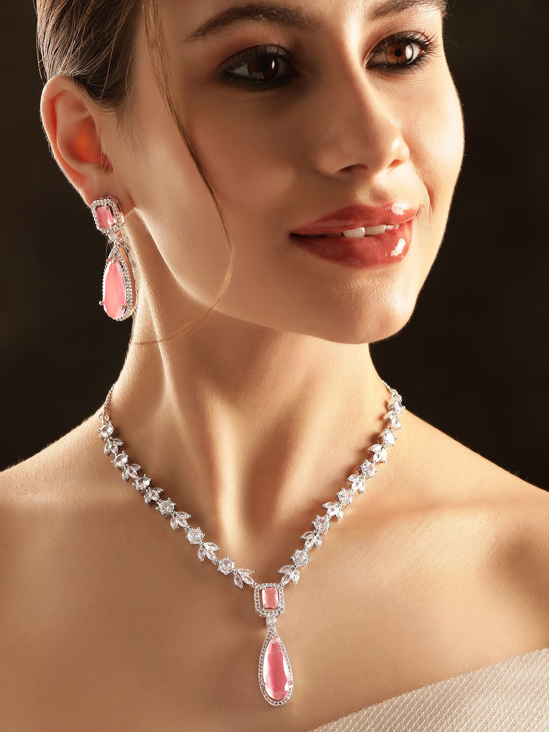 

Rubans Rhodium-Plated Zirconia Studded Necklace & Earrings, Silver