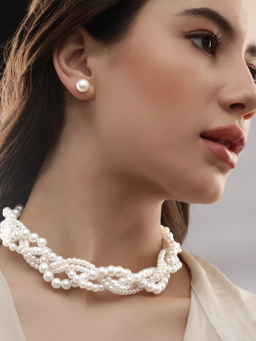 

Rubans Rhodium-Plated Pearl Beaded Multi-Strand Chunky Jewellery Set, Silver