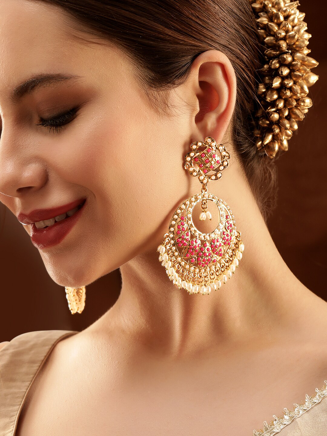 

Rubans 22K Antique Gold Plated Ruby Zirconia & Pearl Studded Statement Chandbali Earring
