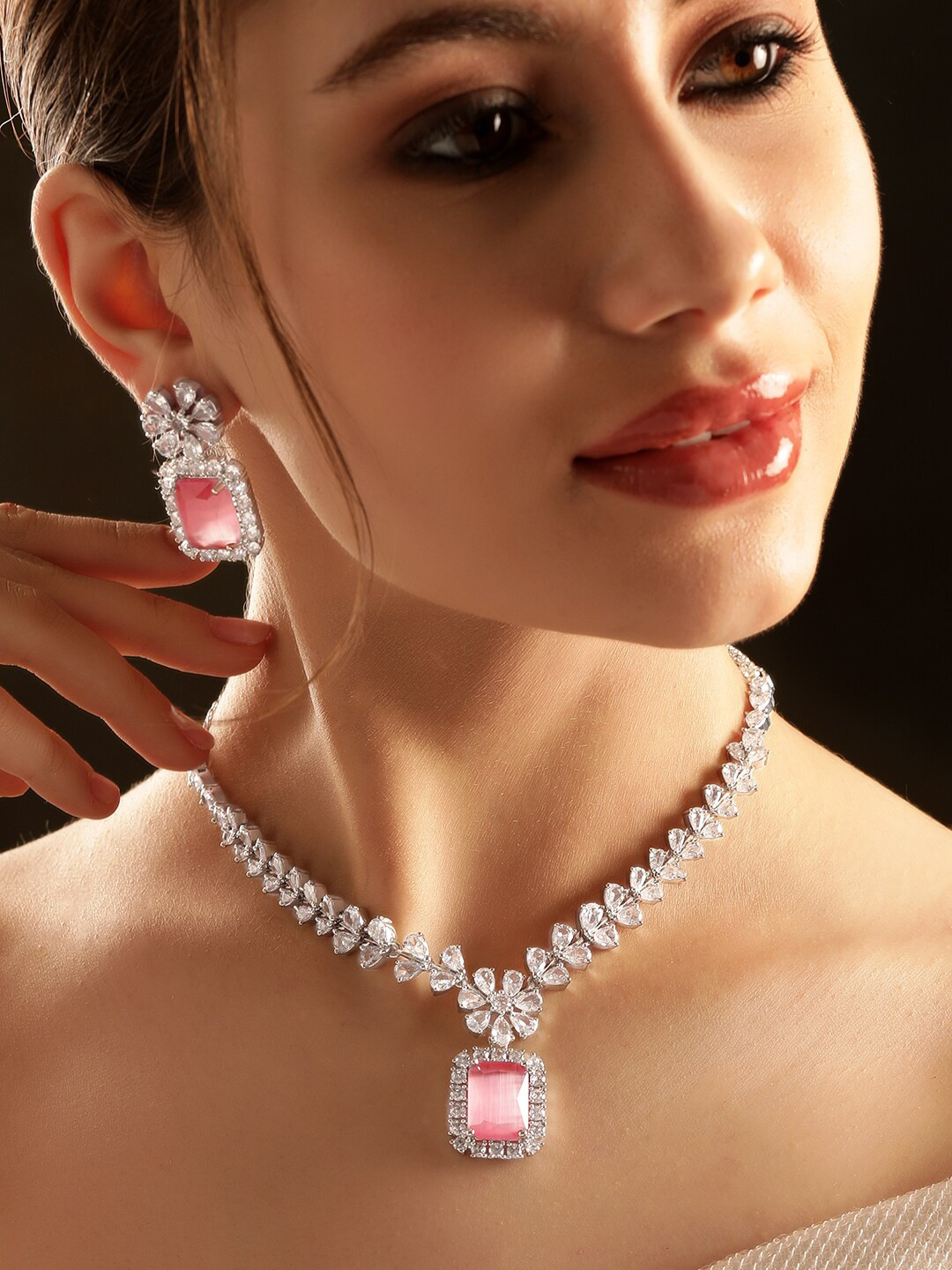 

Rubans Rhodium Plated CZ Stone Studded Jewellery Set, Silver