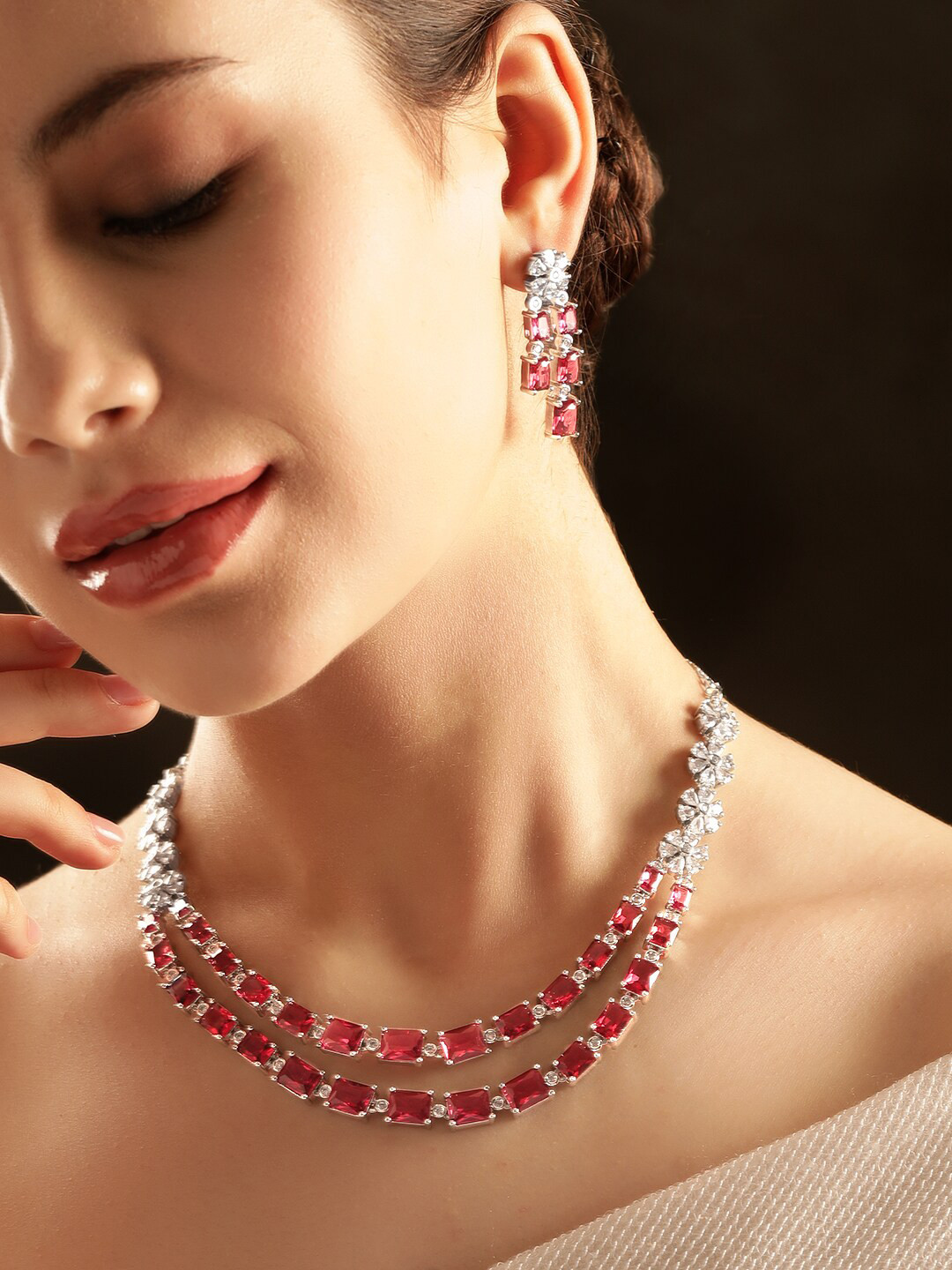 

Rubans Rhodium-Plated Cubic Zirconia Studded Layered Jewellery Set, Red