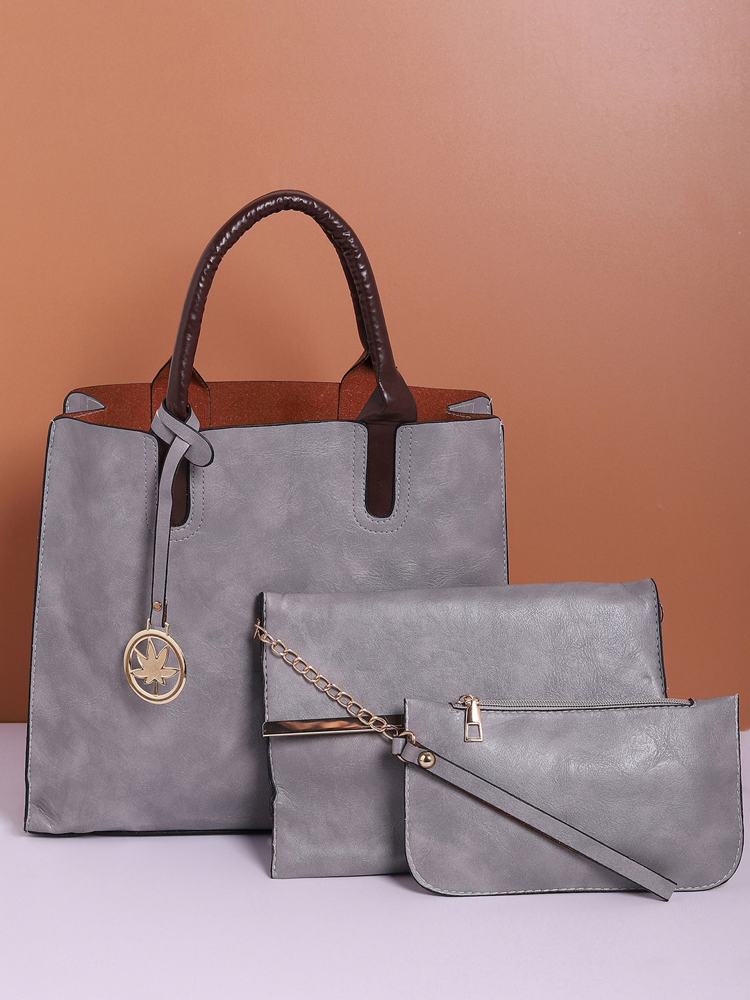

HAUTE SAUCE by Campus Sutra Set Of 3 Textured Tasselled Structured Tote Bag, Grey