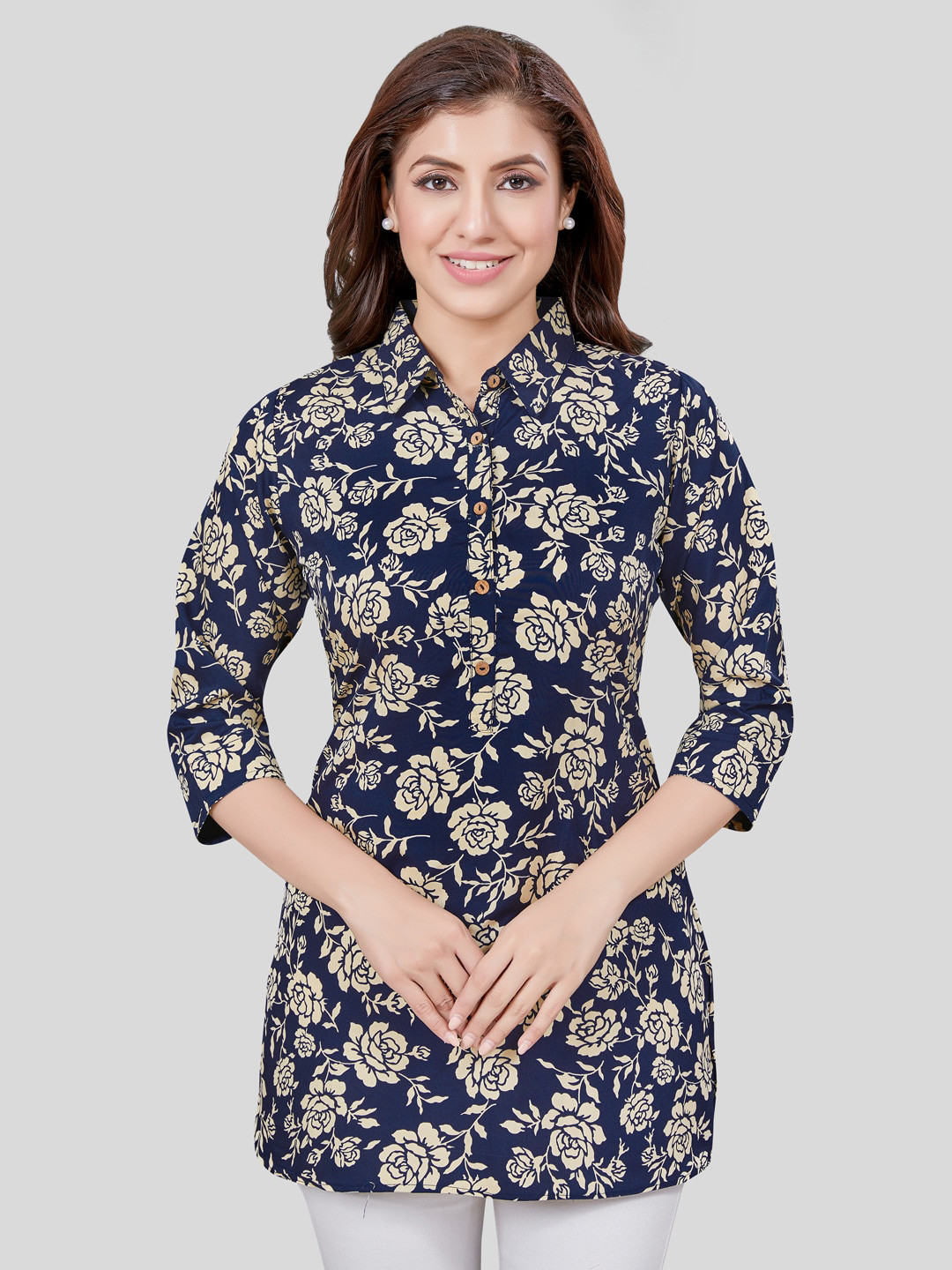 

Saree Swarg Floral Printed Shirt Collar A-Line Kurti, Navy blue