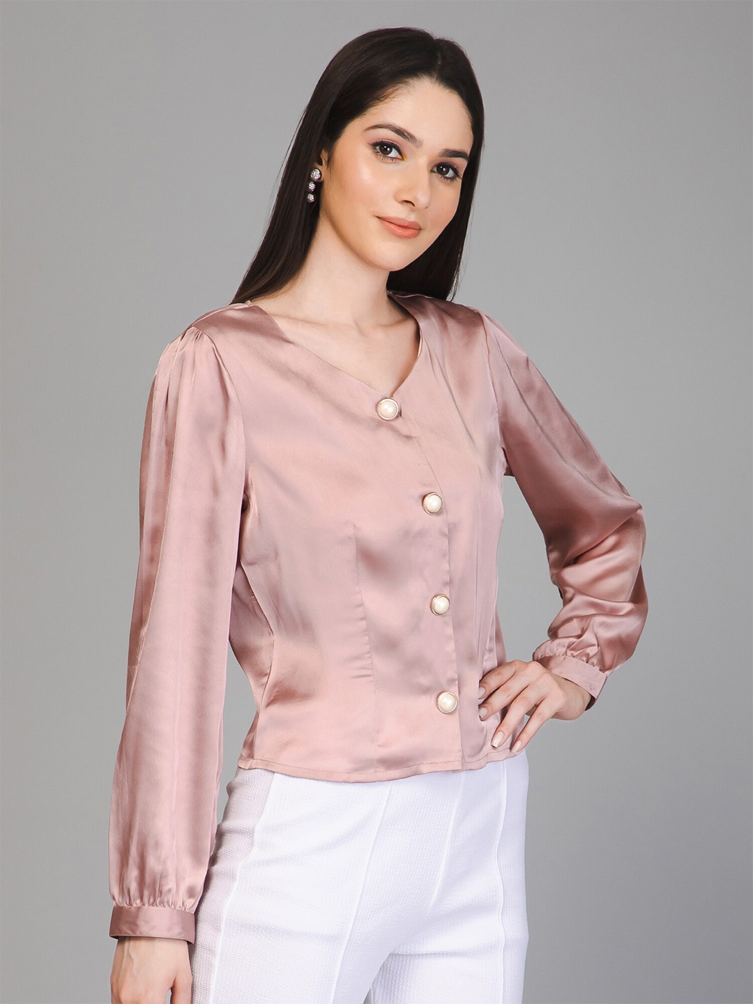 

PURYS V-Neck Satin Shirt Style Top, Pink