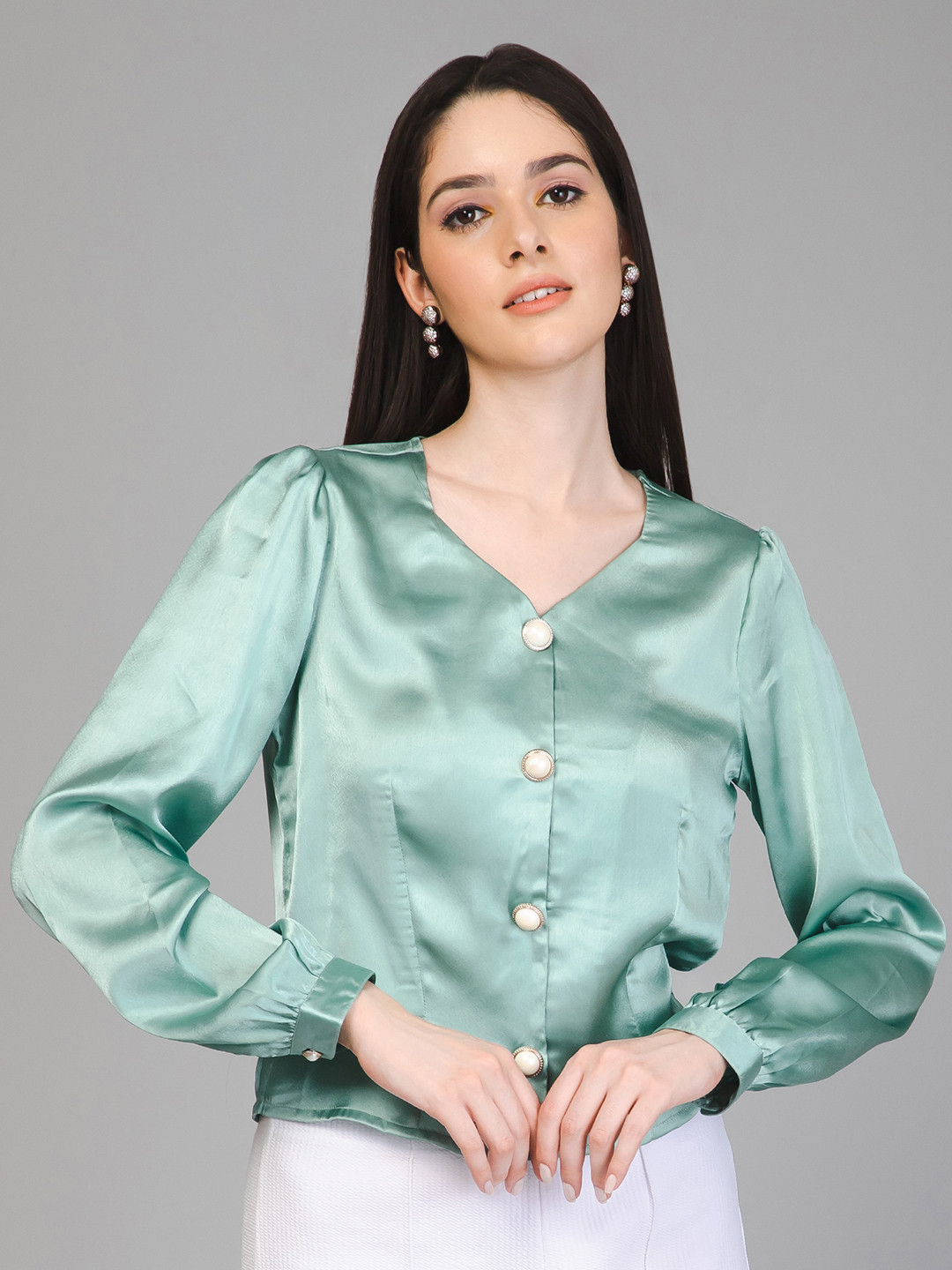 

PURYS V-Neck Satin Shirt Style Top, Green
