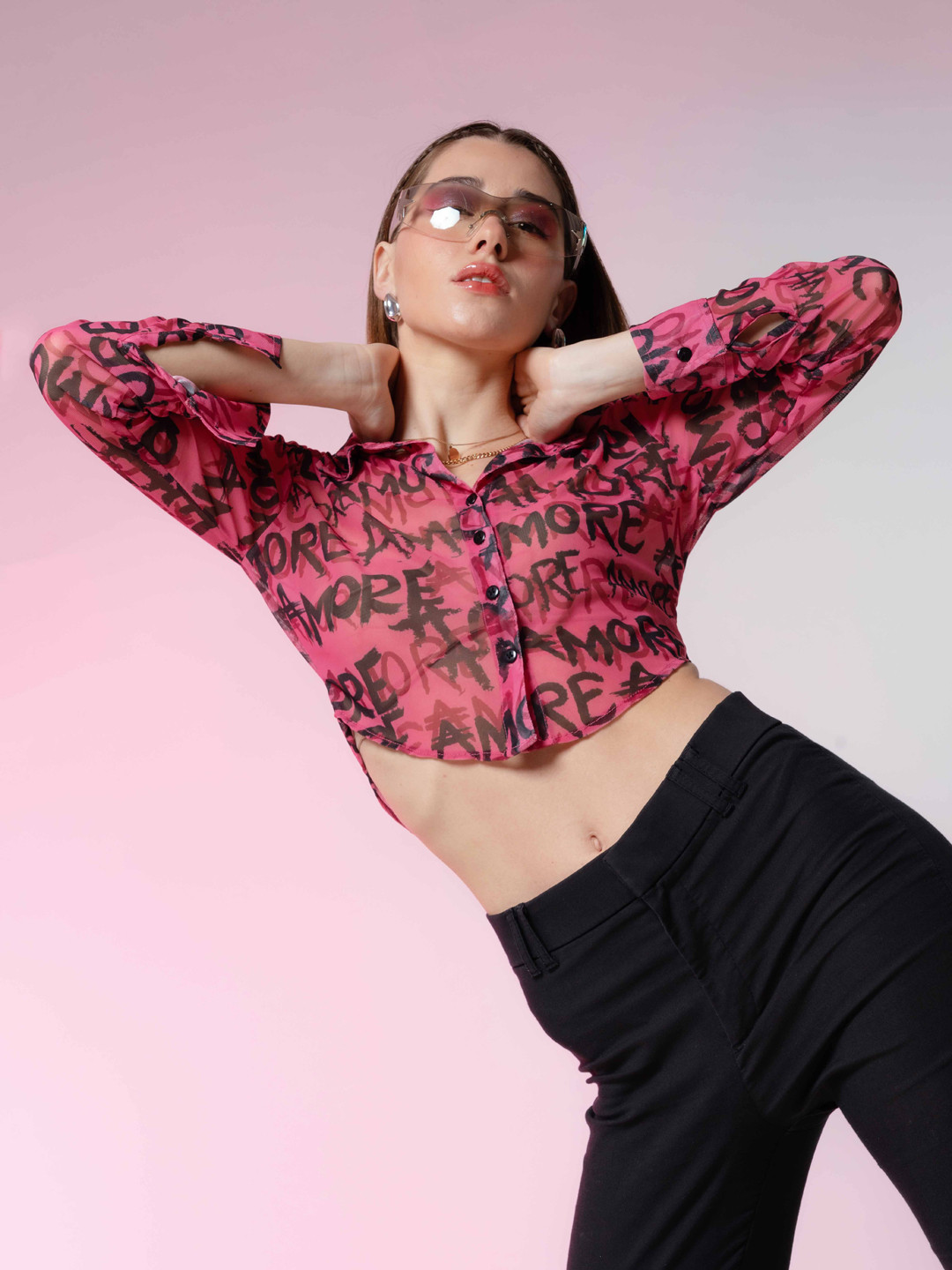 

Stylecast X Hersheinbox Women Semi Sheer Printed Casual Crop Shirt, Pink