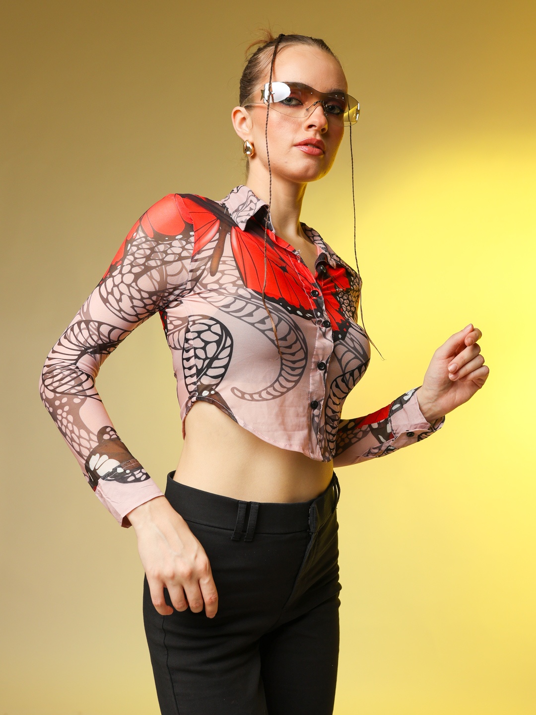 

Stylecast X Hersheinbox Women Semi Sheer Printed Casual Crop Shirt, Pink