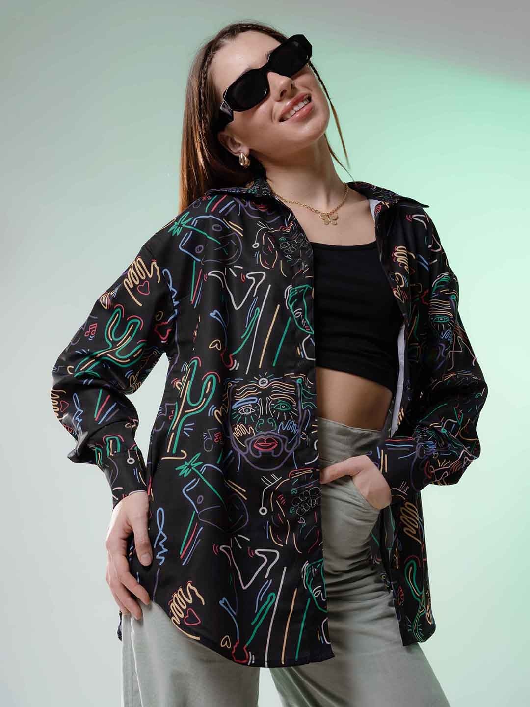 

Stylecast X Hersheinbox Women Printed Oversized Casual Shirt, Black