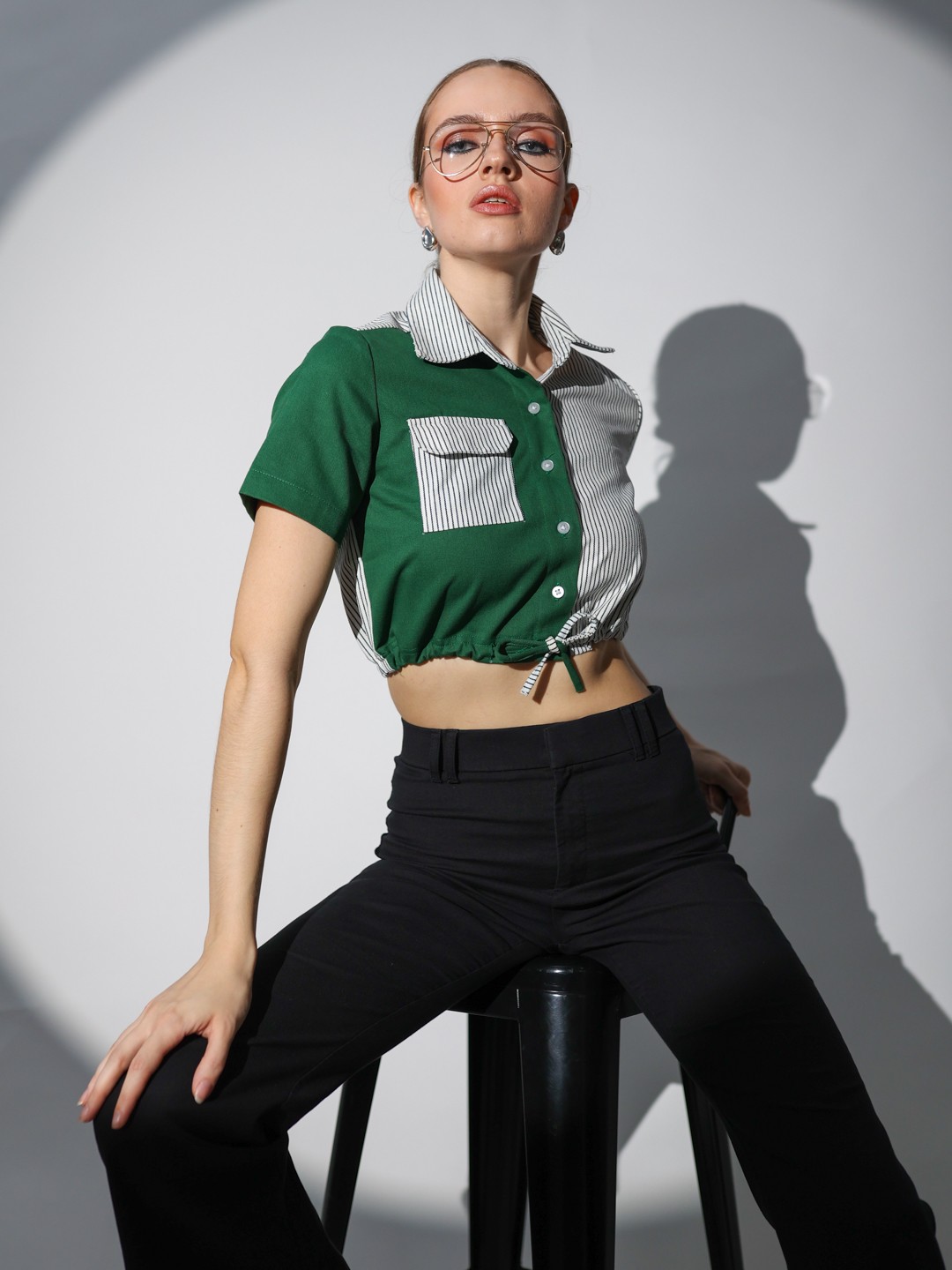 

Stylecast X Hersheinbox Pure Cotton Striped Colourblocked Crop Casual Shirt, Green