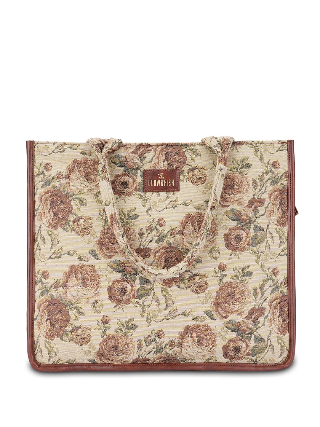 

THE CLOWNFISH Ambrosia Floral Printed Structured Handheld Bag With 14 inch For Laptop, Brown