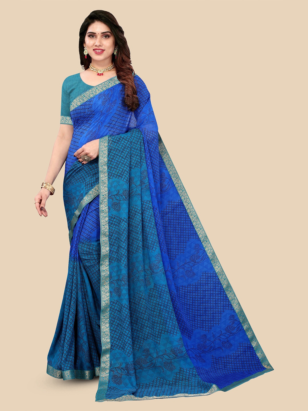 

Fevinaa Floral Printed Zari Pure Georgette Saree, Blue