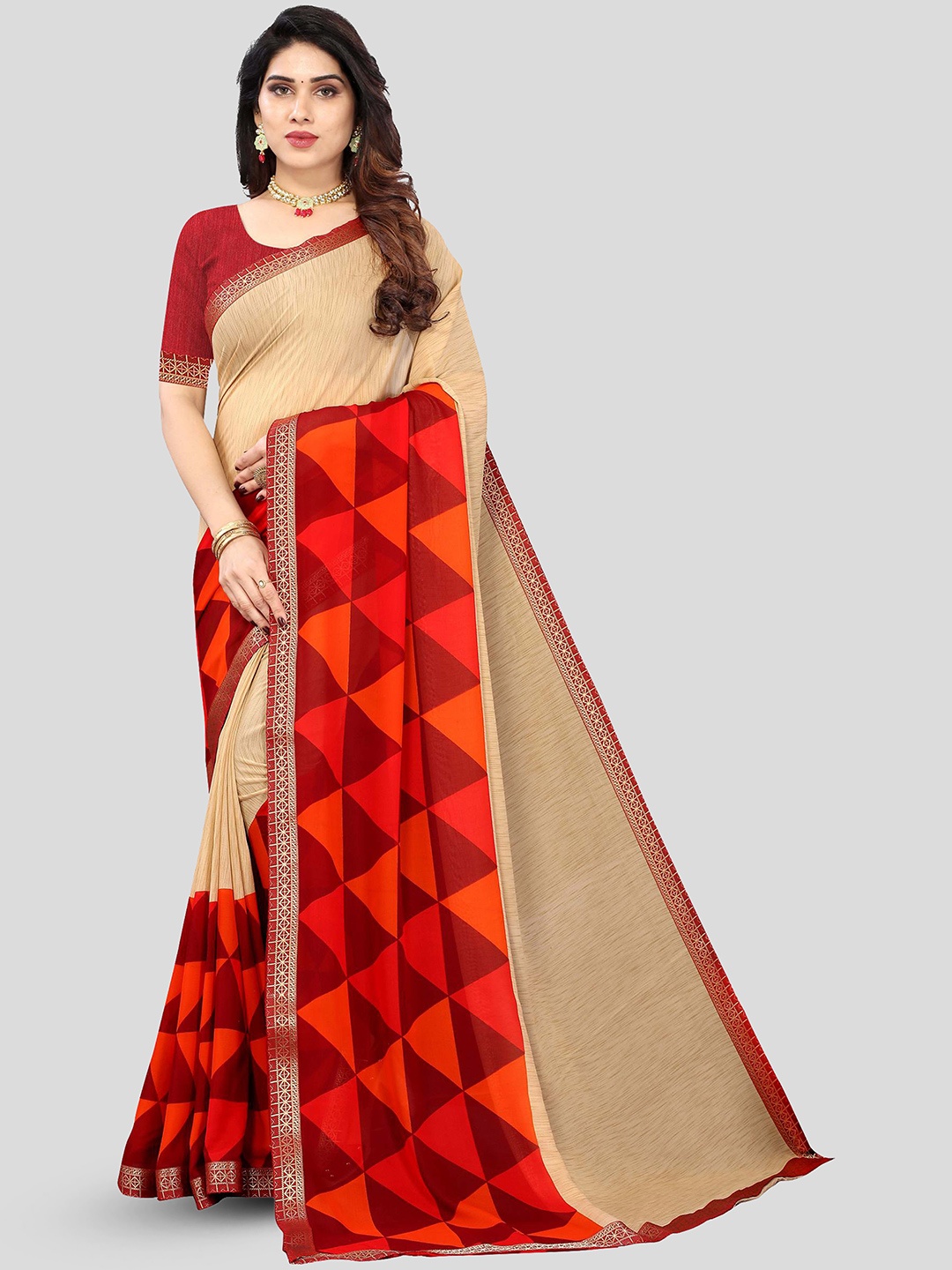 

Fevinaa Geometric Printed Zari Pure Georgette Saree, Cream