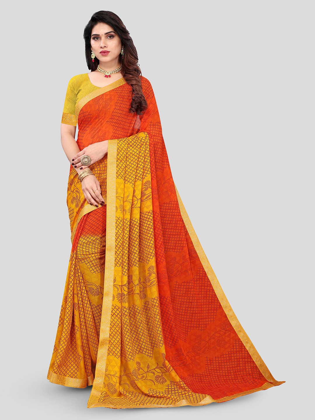 

Fevinaa Floral Printed Zari Pure Georgette Saree, Orange