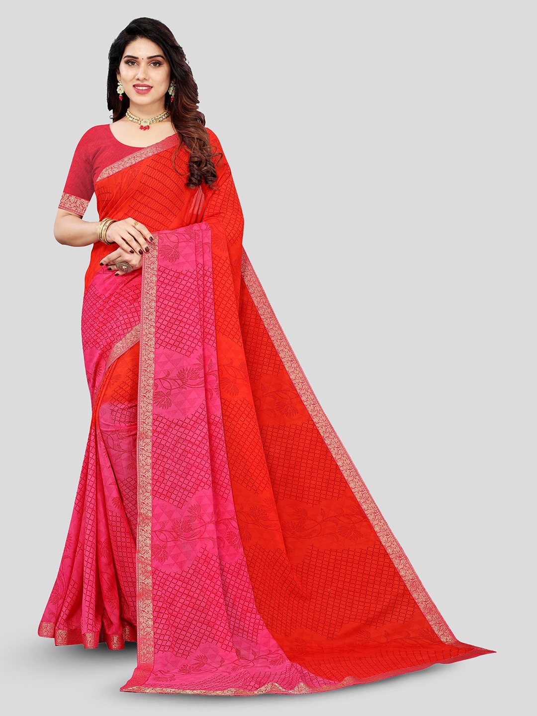 

Fevinaa Floral Printed Zari Pure Georgette Saree, Pink