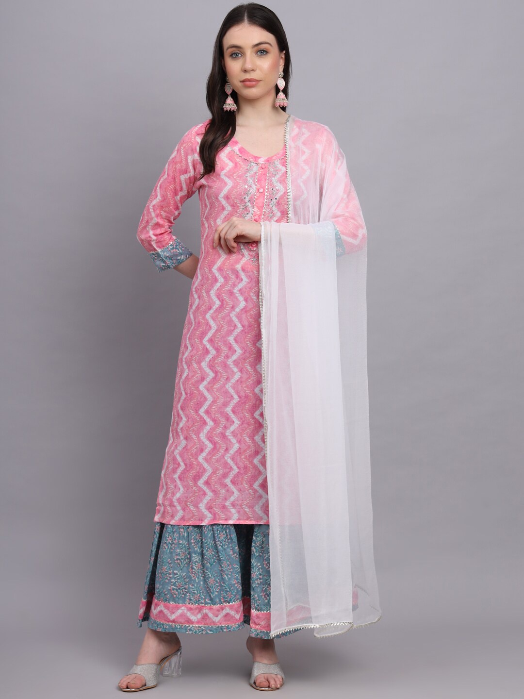 

HERE&NOW Chevron Printed Regular Pure Cotton Kurta With Sharara & Dupatta, Pink