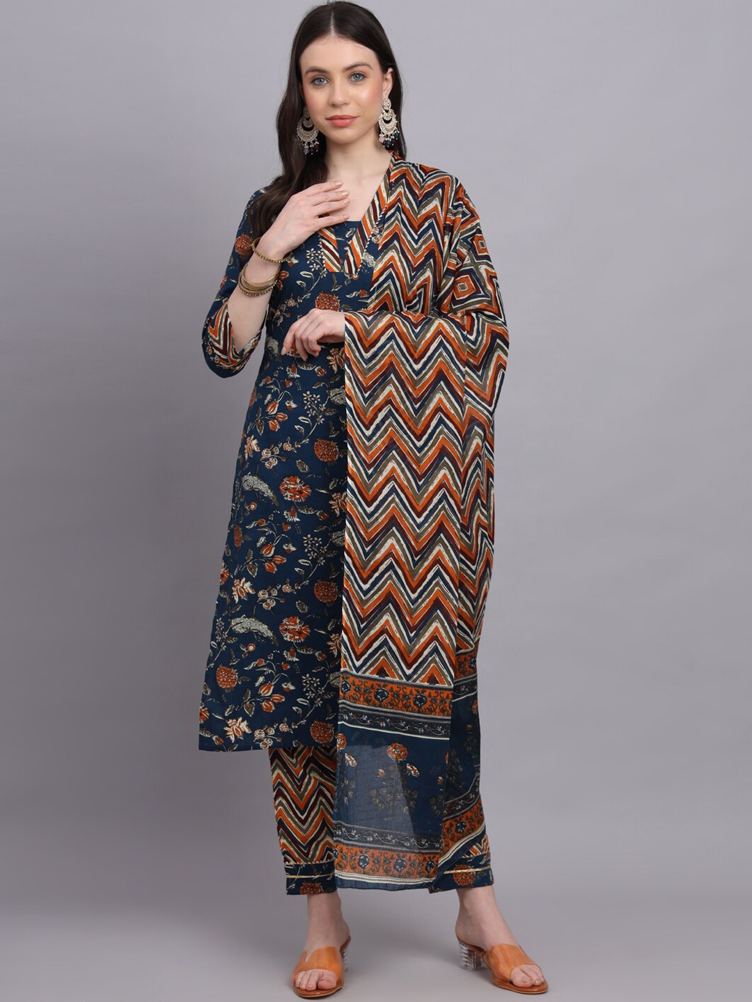 

HERE&NOW Ethnic Motifs Printed Gotta Patti Pure Cotton Kurta With Trousers & Dupatta, Teal