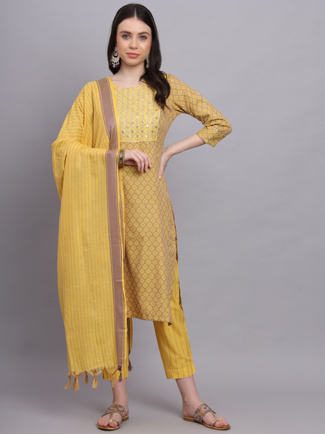 

HERE&NOW Yellow Ethnic Motifs Printed Sequinned Kurta With Trousers & Dupatta