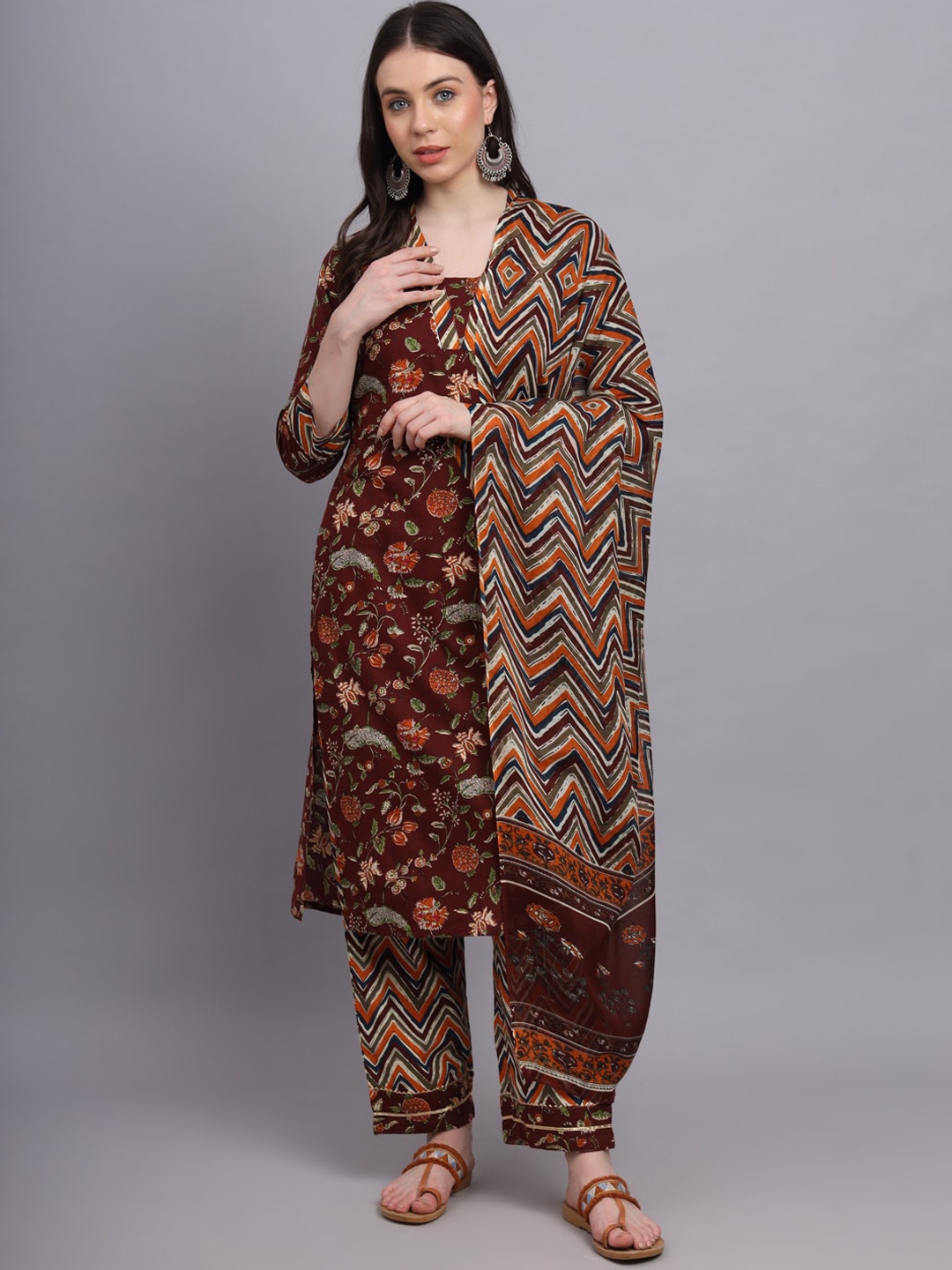 

HERE&NOW Maroon Floral Printed Pure Cotton Kurta With Trousers & Dupatta