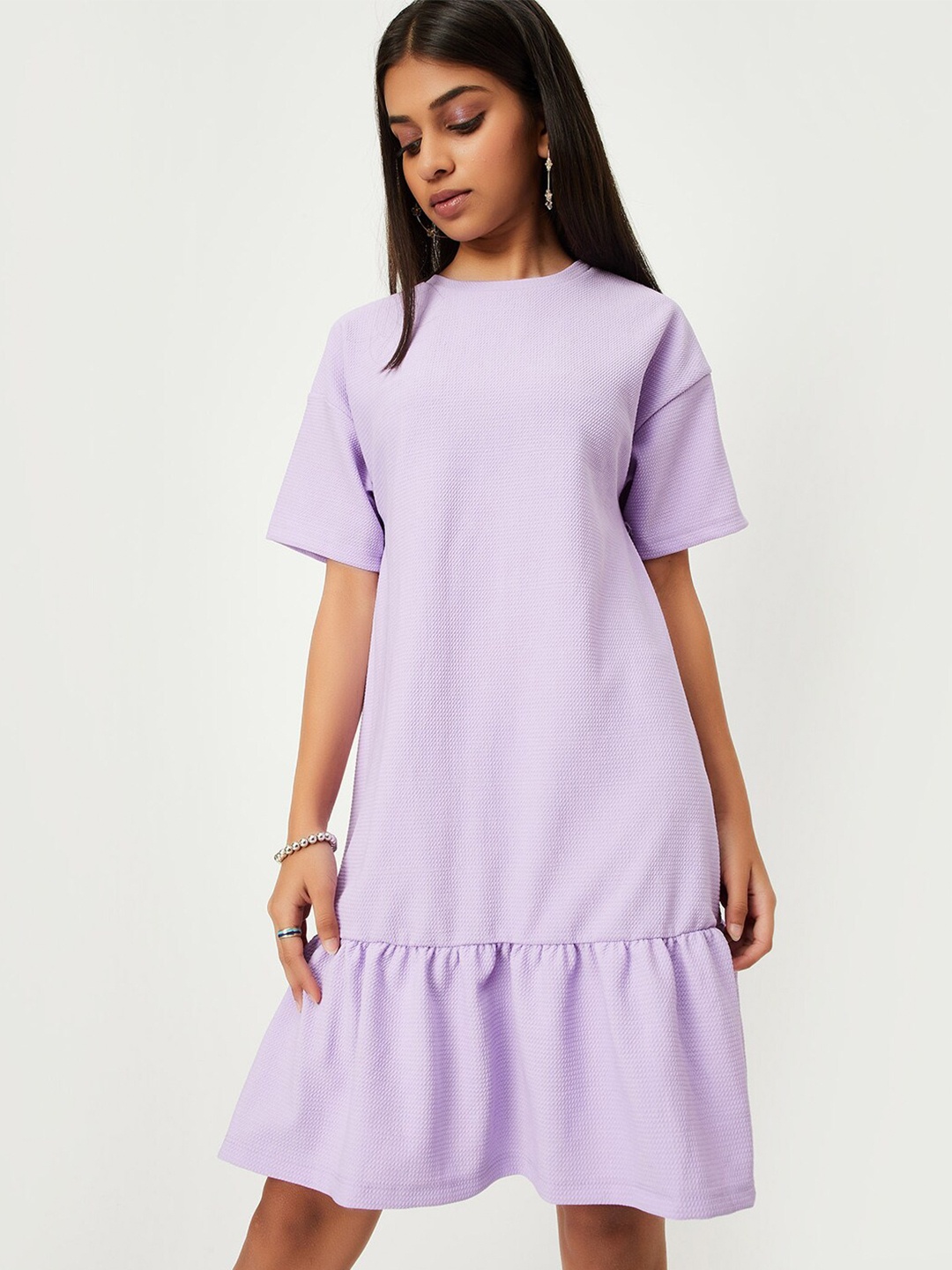 

max Girls Self Design Drop Shoulder Sleeves Cotton Drop-Waist Dress, Purple