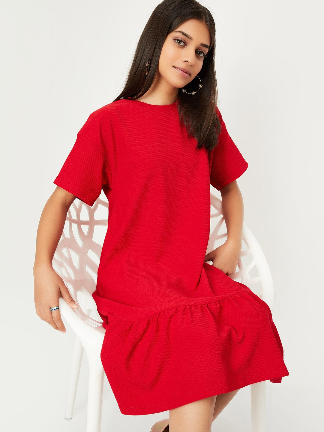 

max Girls Round Neck Short Sleeves Cotton Drop-Waist Dress, Red