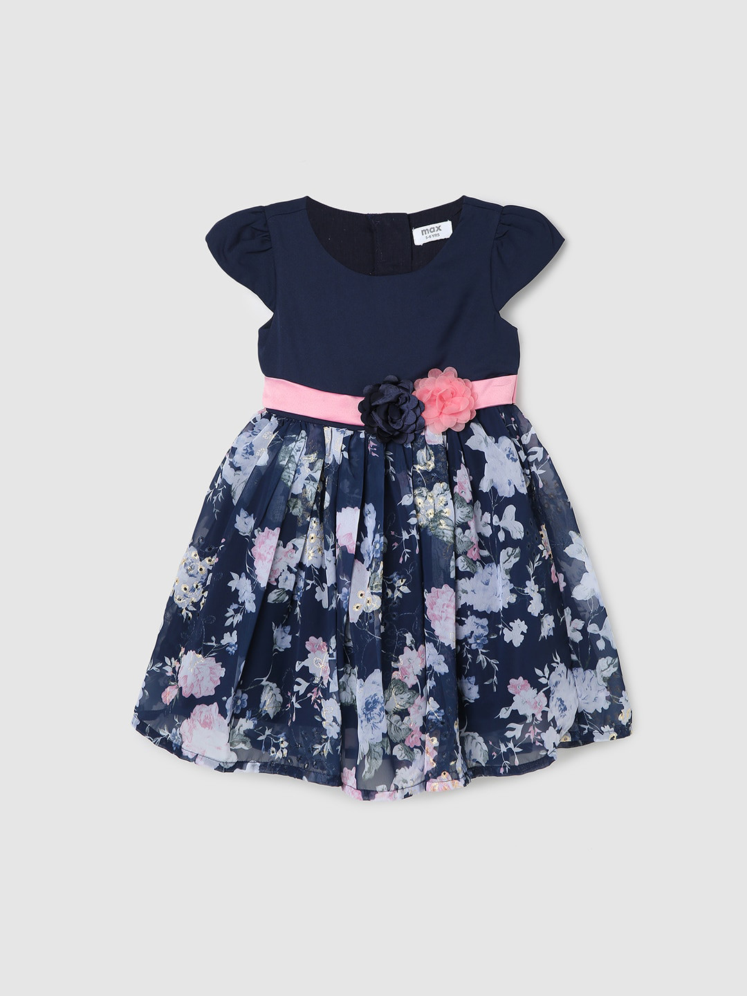 

max Girls Floral Printed Gathered Fit & Flare Dress, Navy blue