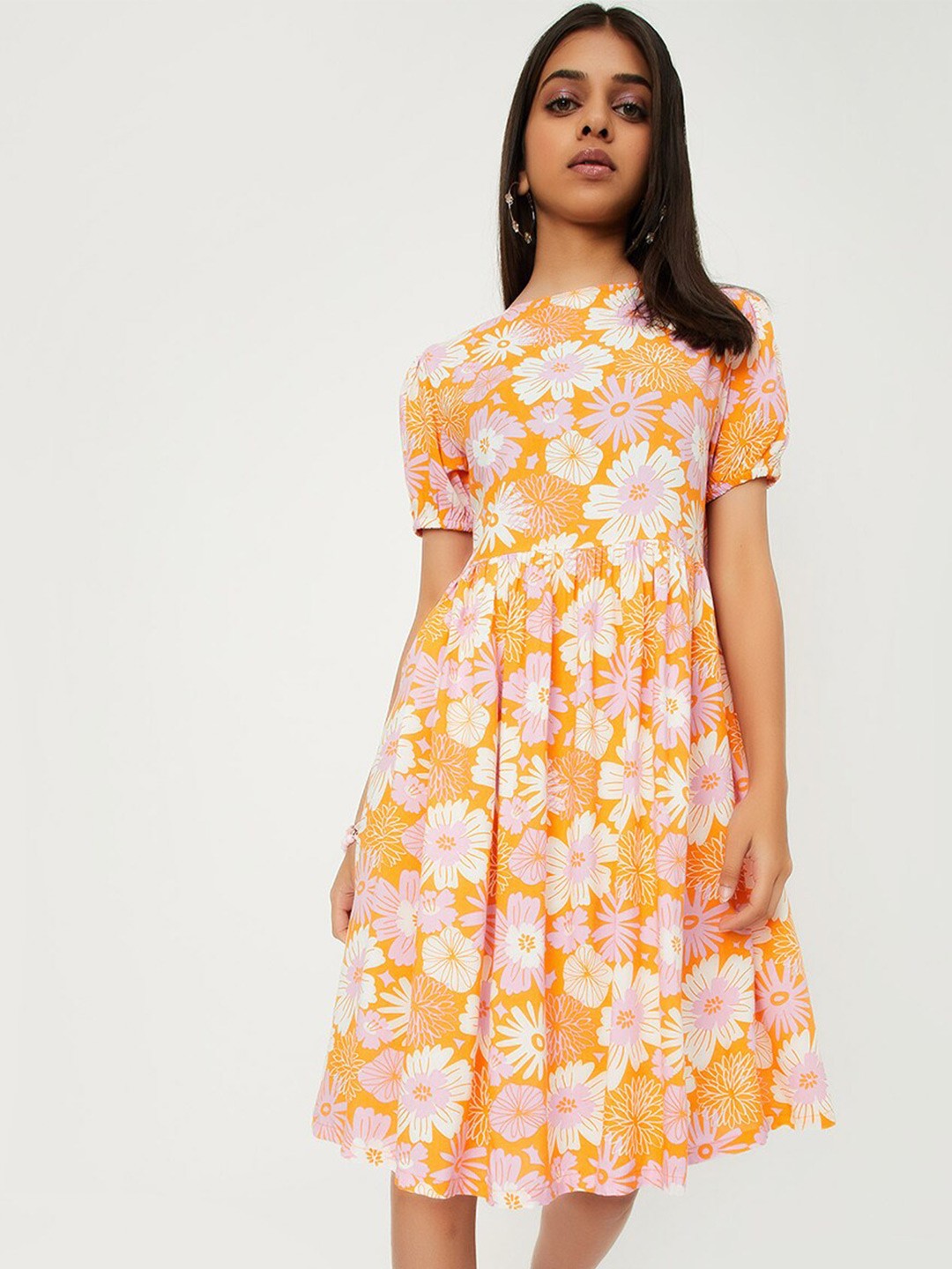 

max Girls Floral Printed pure Cotton Fit & Flare Dress, Orange