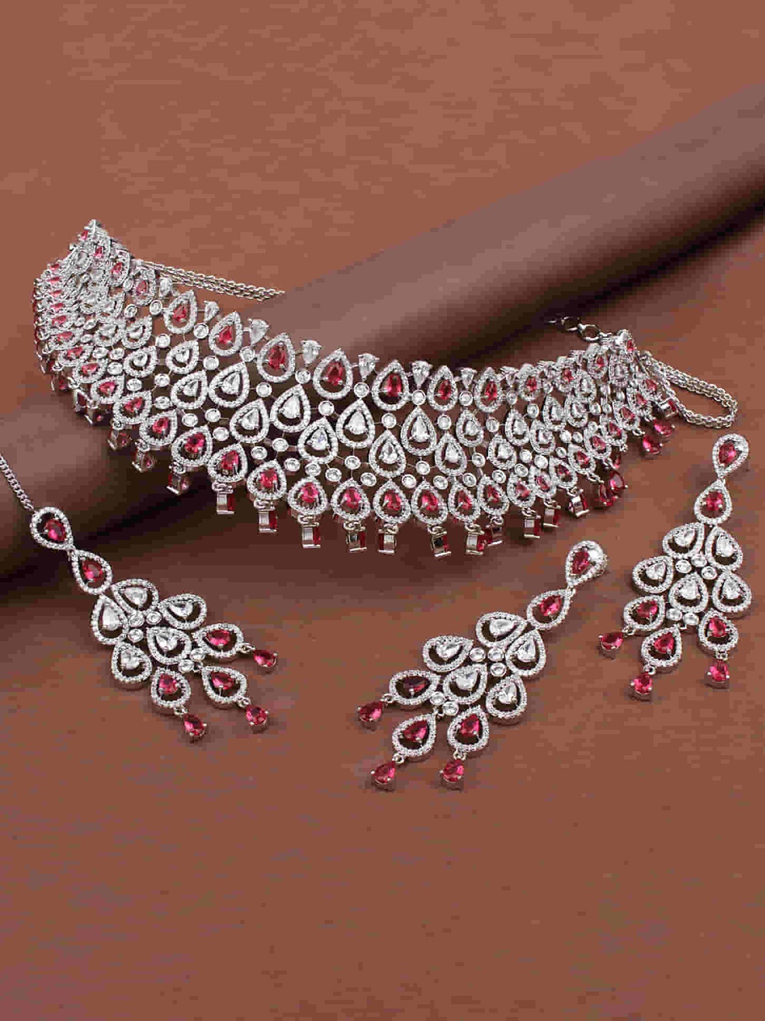 

Mirana Rhodium-Plated Necklace & Earrings With Maang Tika, Silver
