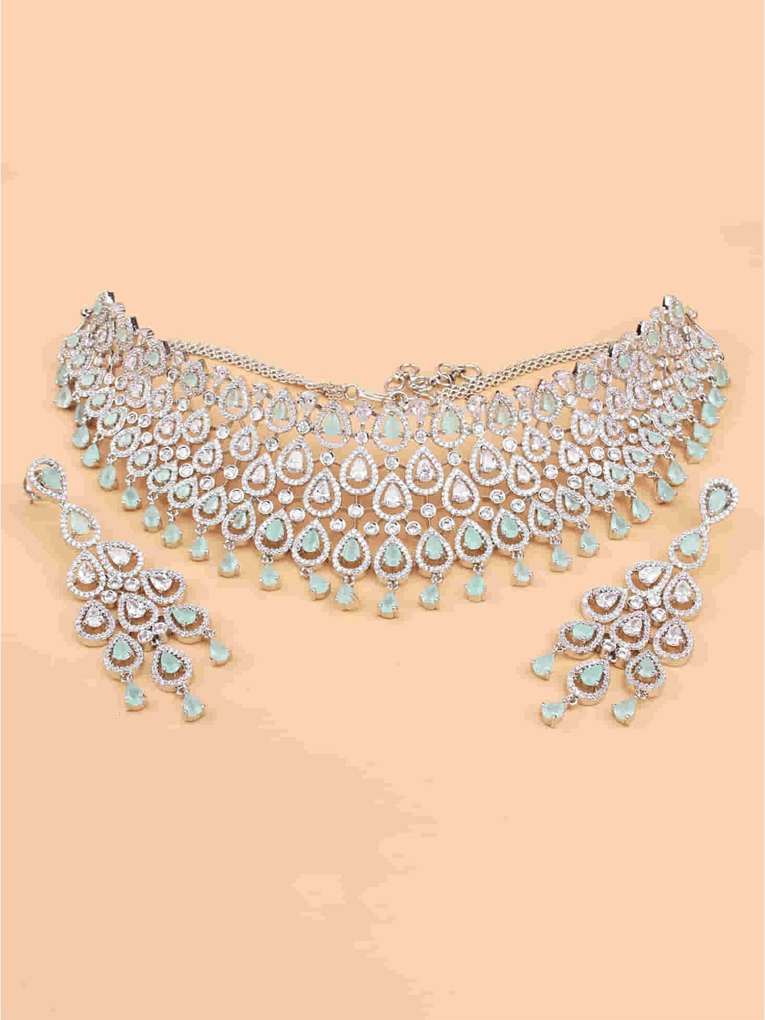 

Mirana Rhodium-Plated Necklace & Earrings With Maang Tika, Silver
